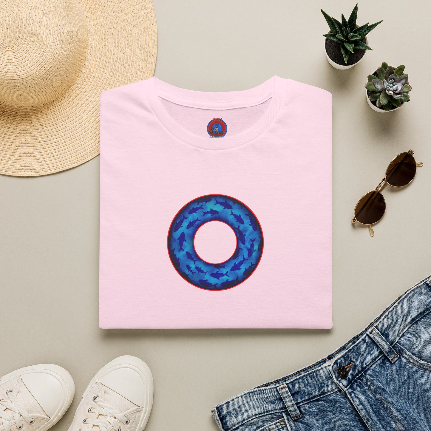 Classic Donut Tee - Unisex Soft-Style - "Skoolie of Phishies" - vivid sea donut - w/darker blue water - variant 2