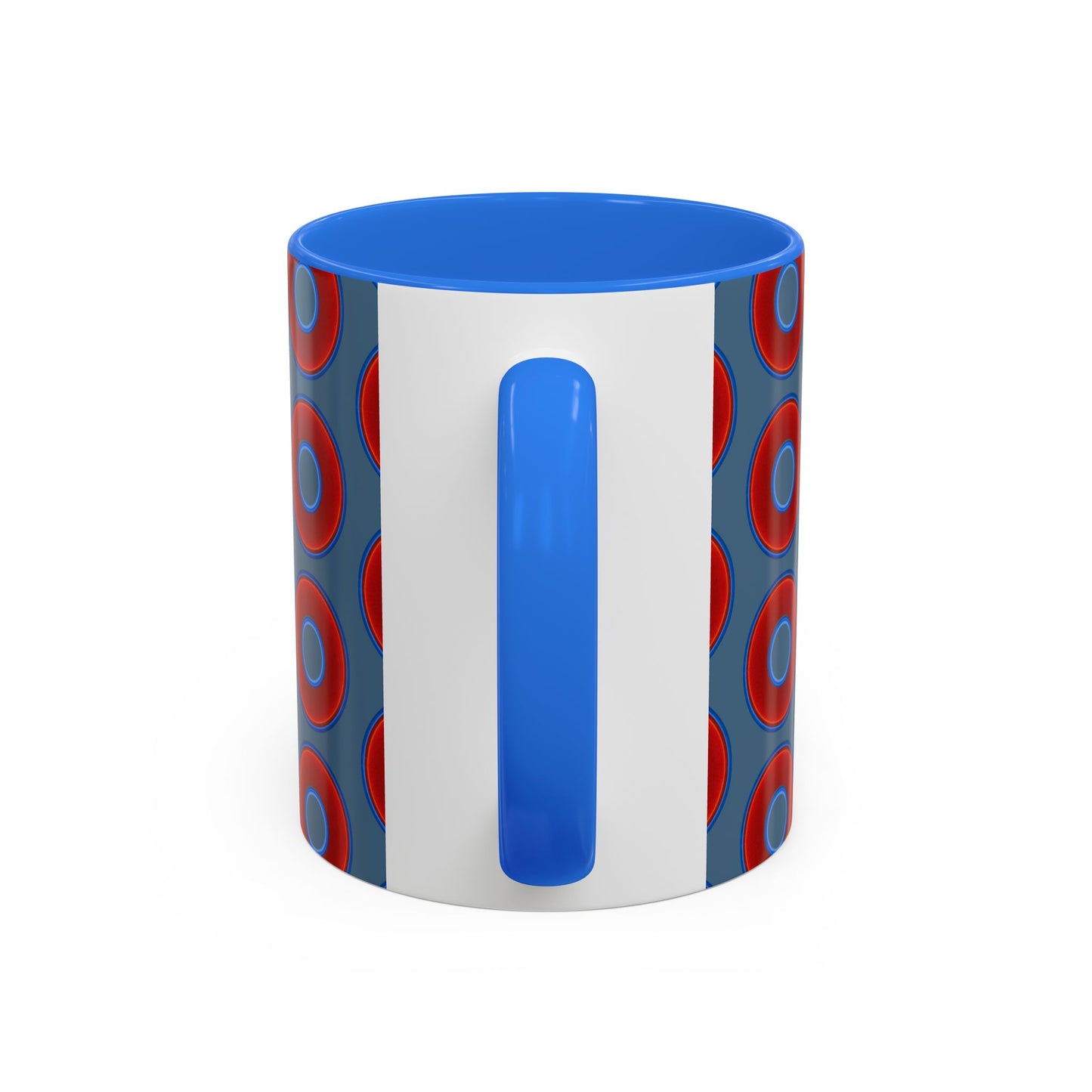 Lump's Grumpy Coffee Mug - vivid red donuts w/steel blue background