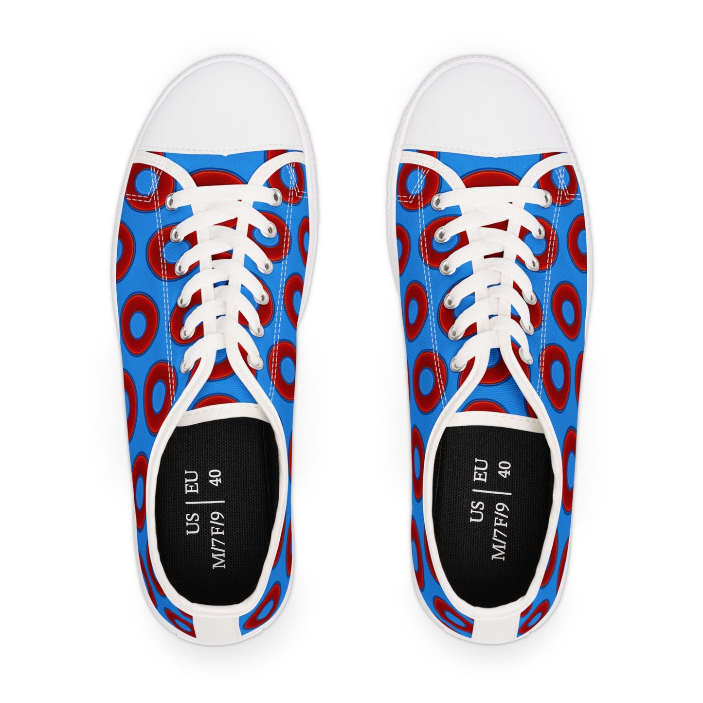 Women's - Low Top Chuck Taylors - large vivid red donut print w/sky royal blue background