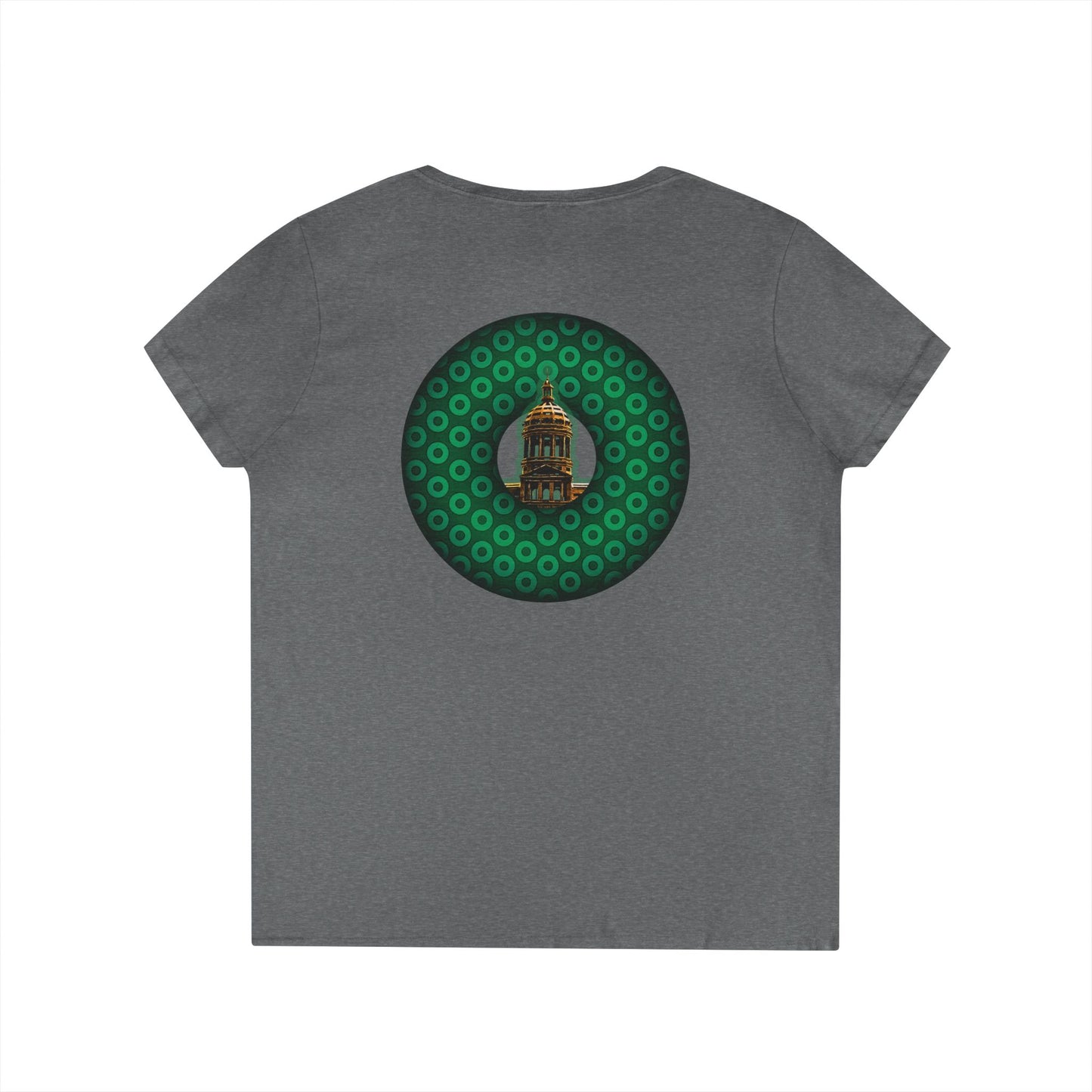 Women's Donut V-Neck Tee - "Save the Mondegreen City Hall Clock Tower" - variant 2 - green/green paradox donut w/