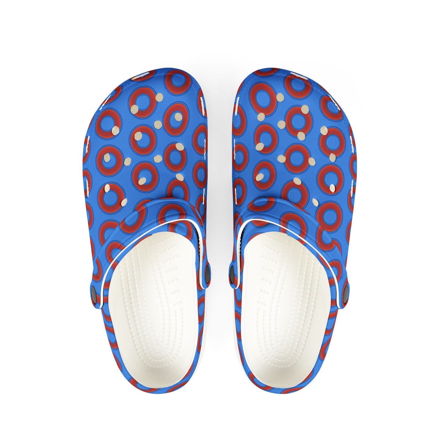 Spatchcocks - donut slip-on shoes - red rustic donuts w/light royal blue background [unisex]