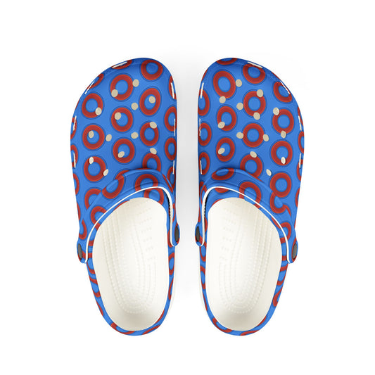 Spatchcocks - donut slip-on shoes - red rustic donuts w/light royal blue background [unisex]
