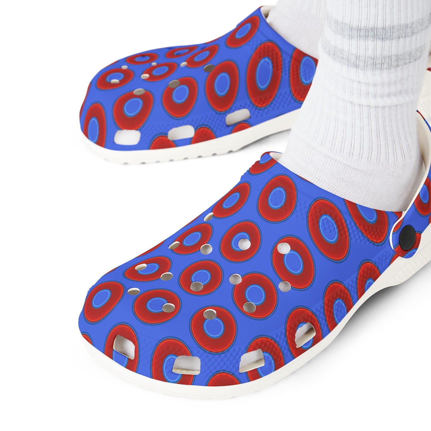 Spatchcocks - donut slip-on shoes - vivid red donuts w/royal blue background [unisex]