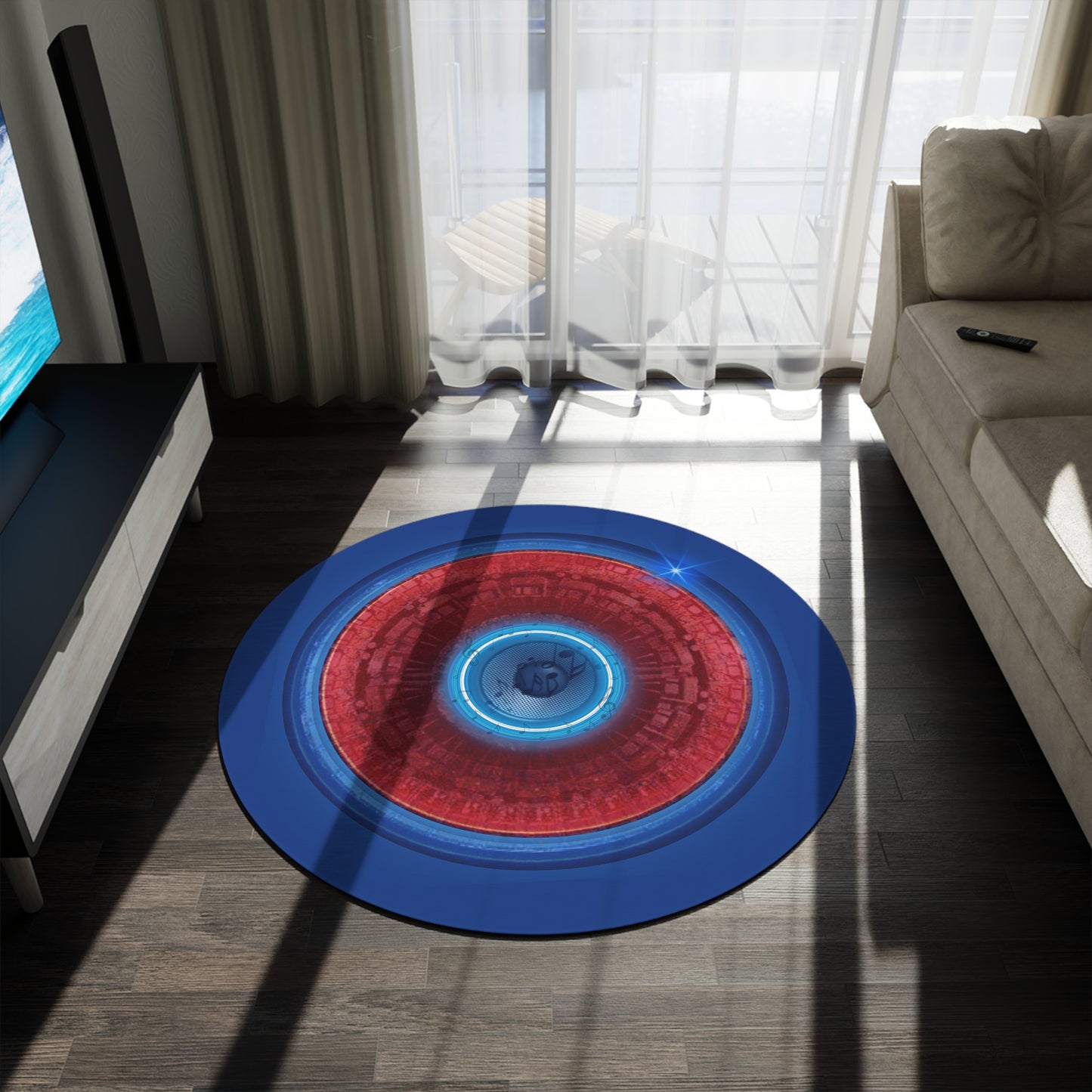 Round Room - 5 ft x 5 ft Lumpy Donut Rug - "Homer's The Perfect Donut Rug" - vivid red/blue tube donut w/dark blue background - variant 2