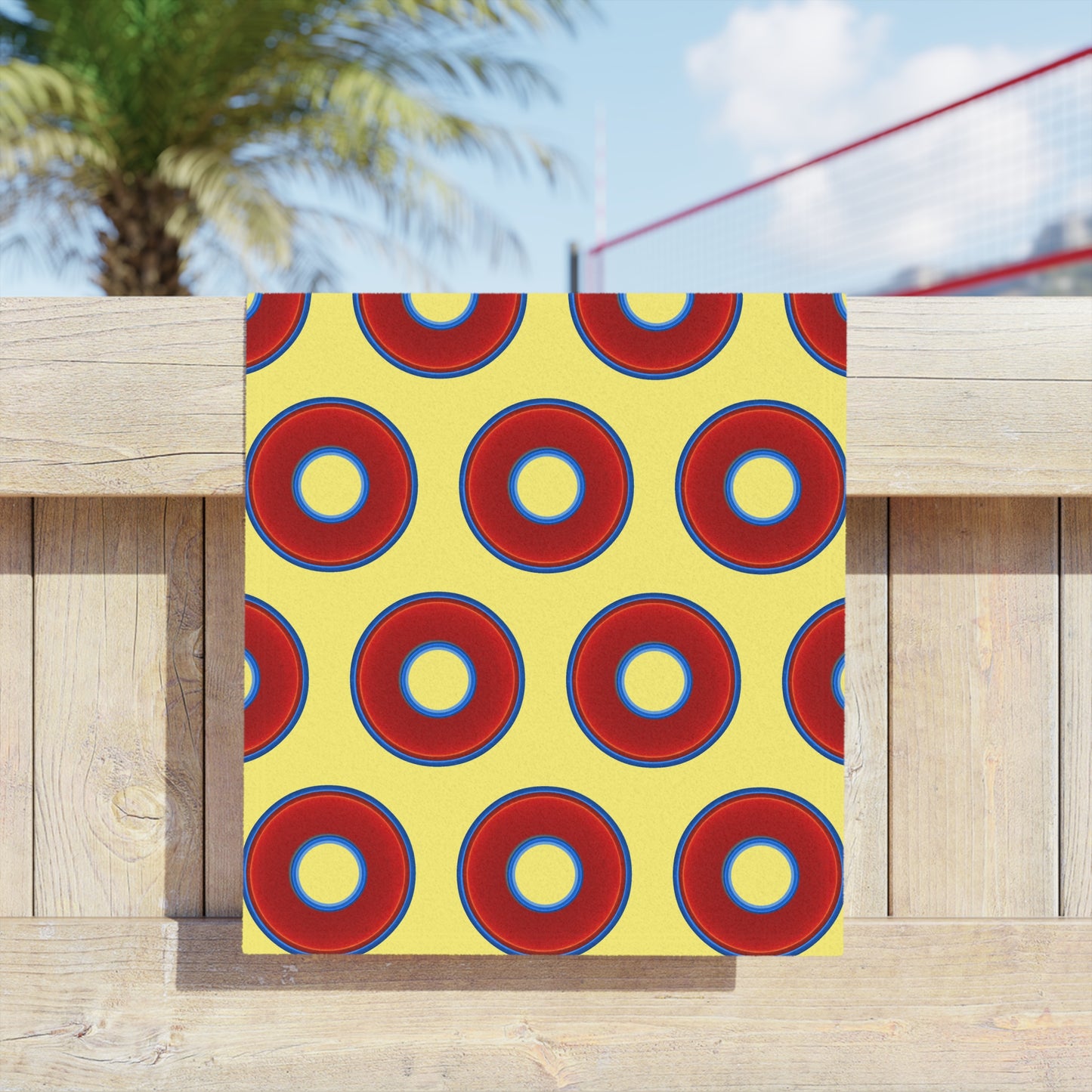 Lumpy Donut Towels - vivid red donuts w/yellow background