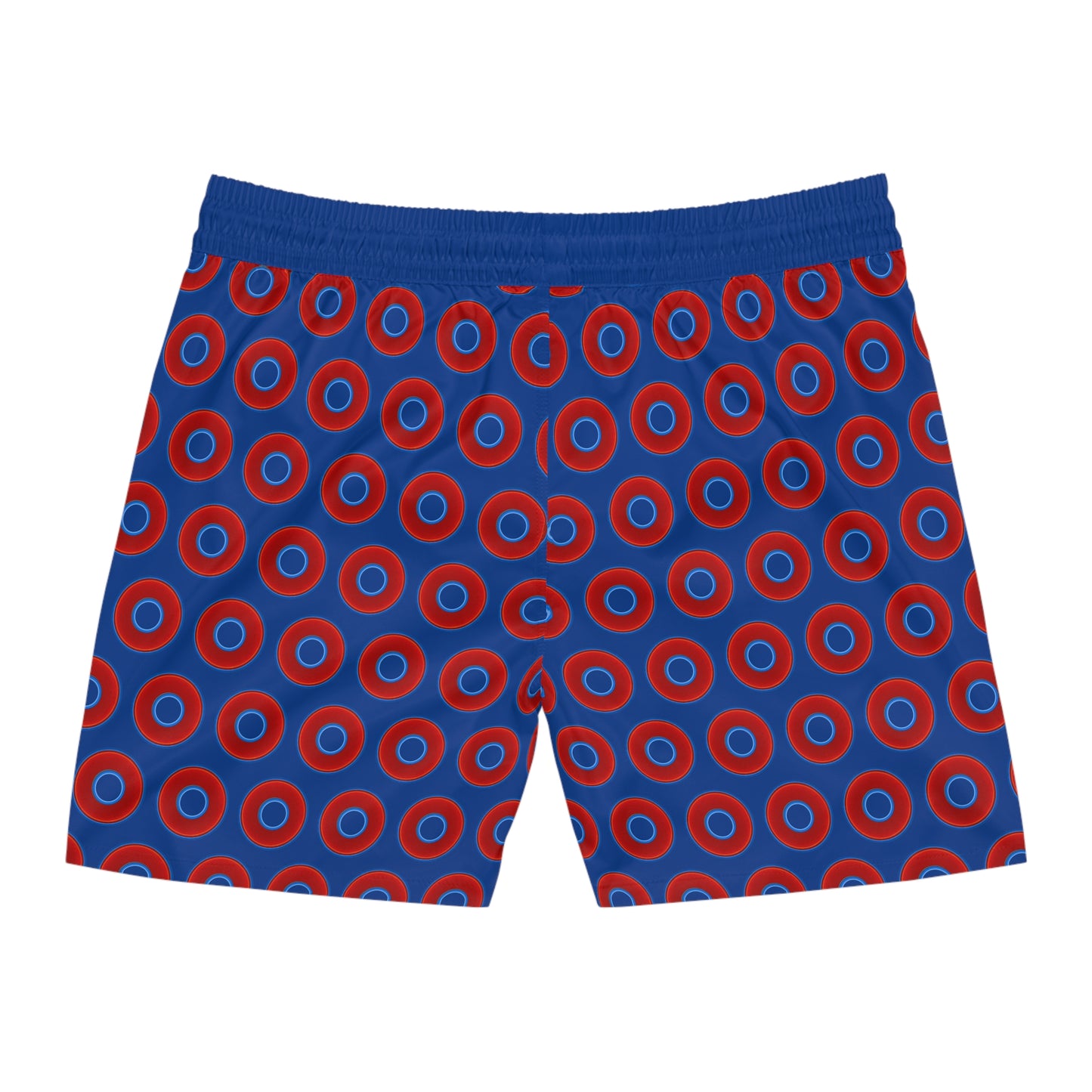Men's Lumpy Swim Trunks - vivid red donut print w/dark blue background