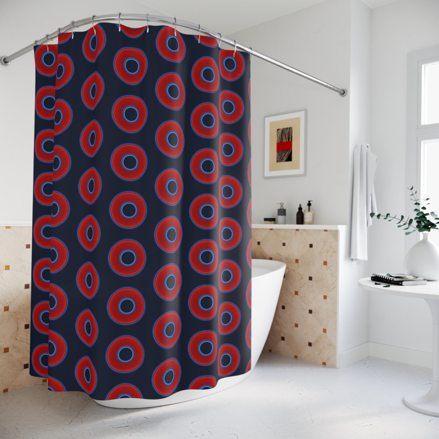 The Curtain With "Donuts" - Lumpy Bath Time Fun - vivid red donuts w/midnight teal background