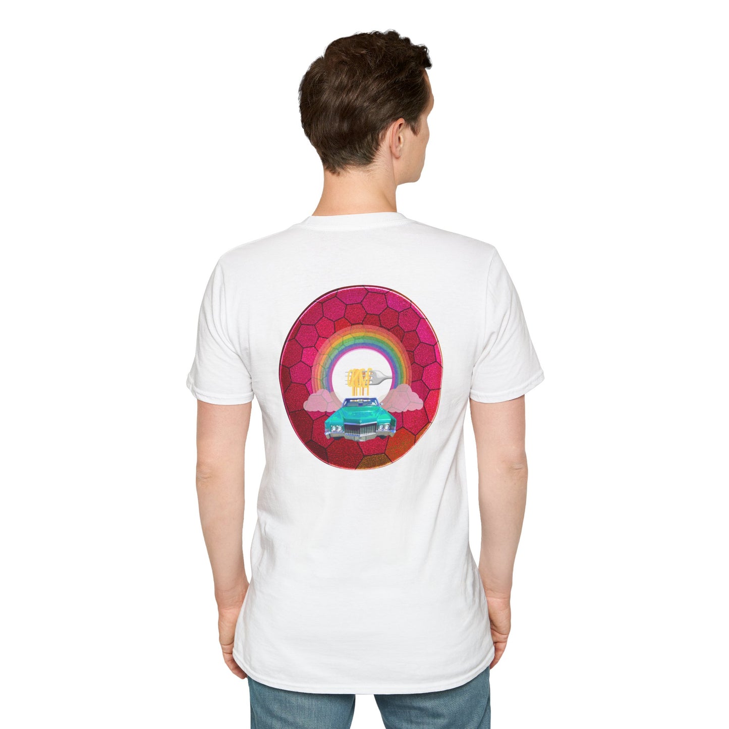 Classic Donut Tee - Unisex Soft-Style - "Cadillac Rainbows Donut Tee" - variant 3 - magenta hexadonut w/mint green caddy