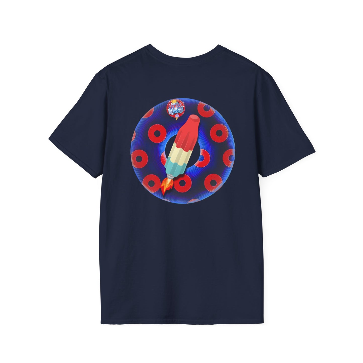 Classic Donut Tee - Unisex Soft-Style - "Blow this Popsicle Stand" - blue/red paradox bomb pop donut - variant 2