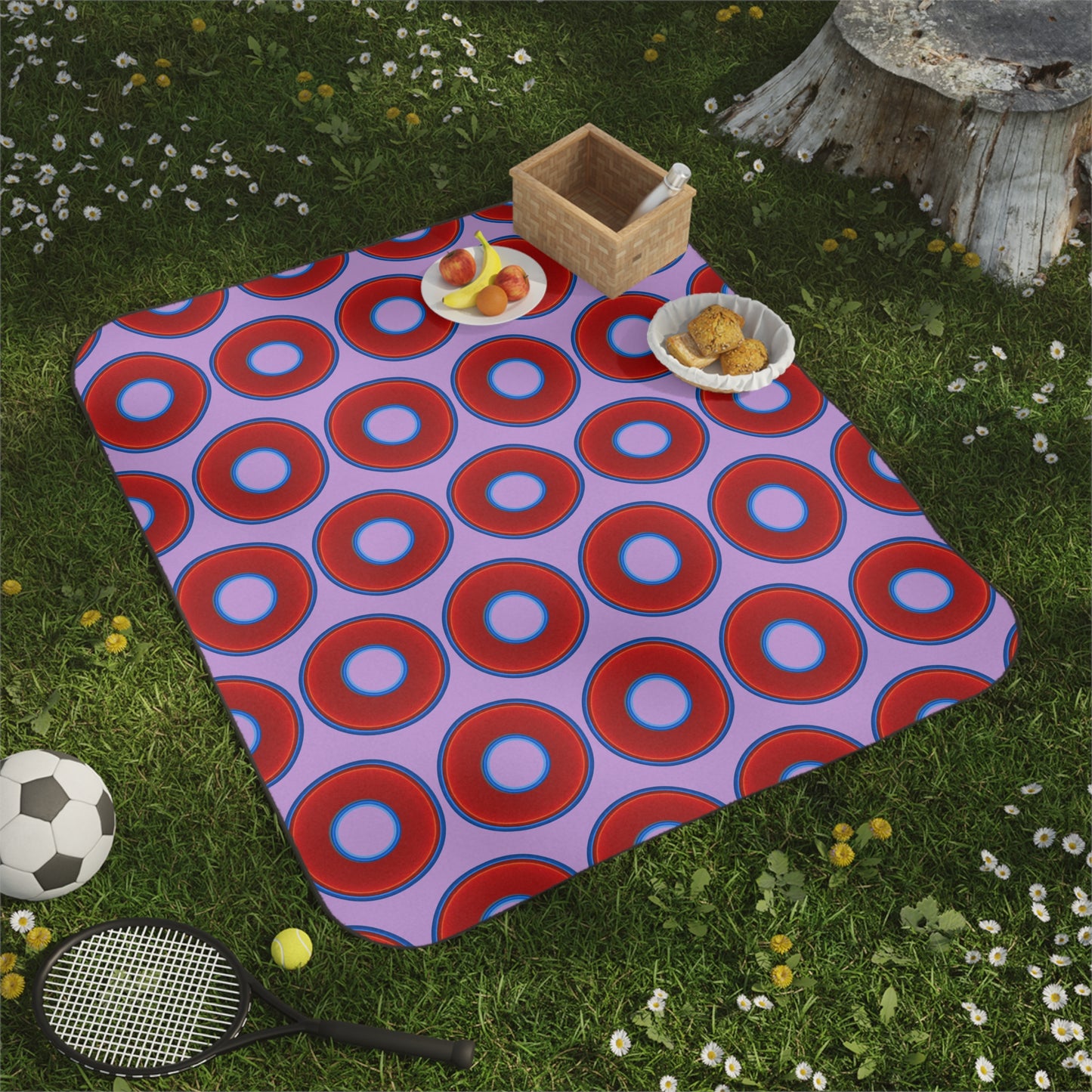 The Lumpy Party Blanket - giant water-resistant outdoor blanket [61" x 51"] - vivid red donuts w/wisteria purple background