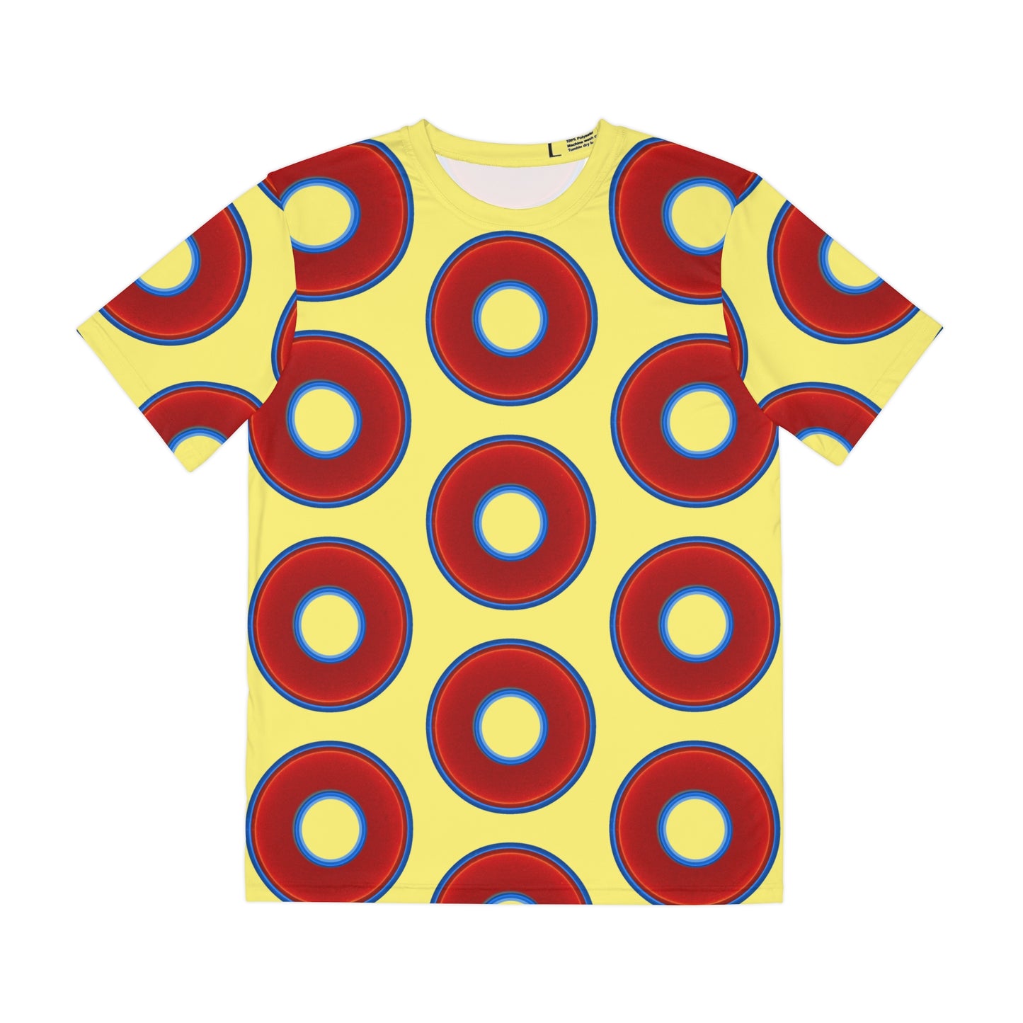 Multi-Beastie Giant Donut AOP Polyester Tee - red vivid donut print w/yellow background