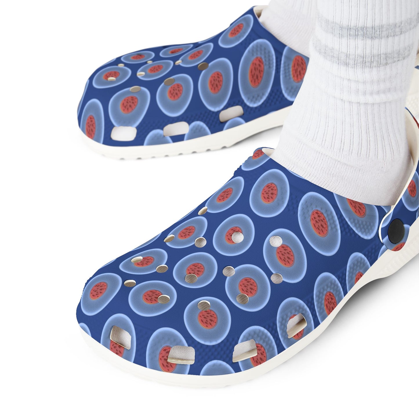 Spatchcocks - donut slip-on shoes - "The Donut Swimming By" - variant 1 - light blue phatty donuts w/dark blue background background [unisex]