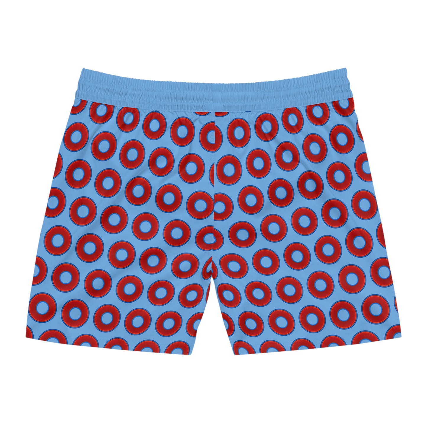 Men's Lumpy Swim Trunks - vivid red donut print w/light blue background