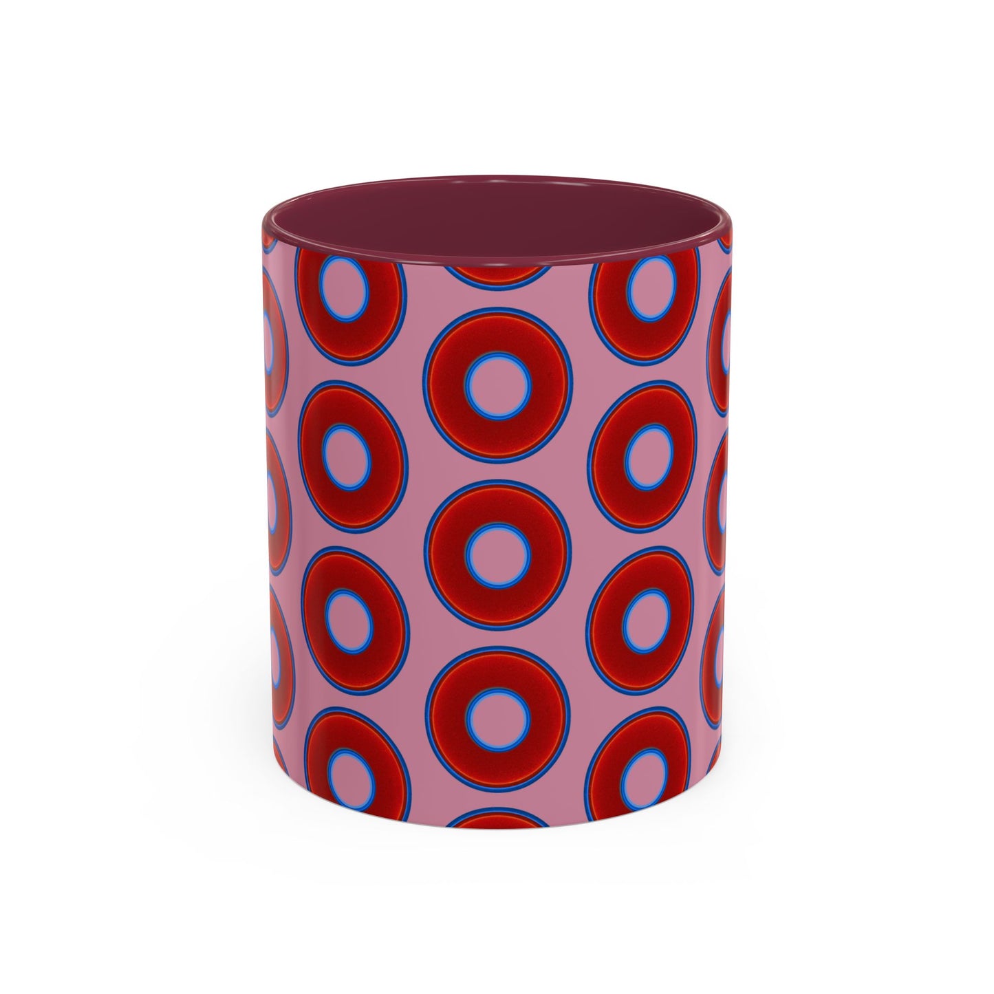 Lump's Grumpy Coffee Mug - vivid red donuts w/pink background
