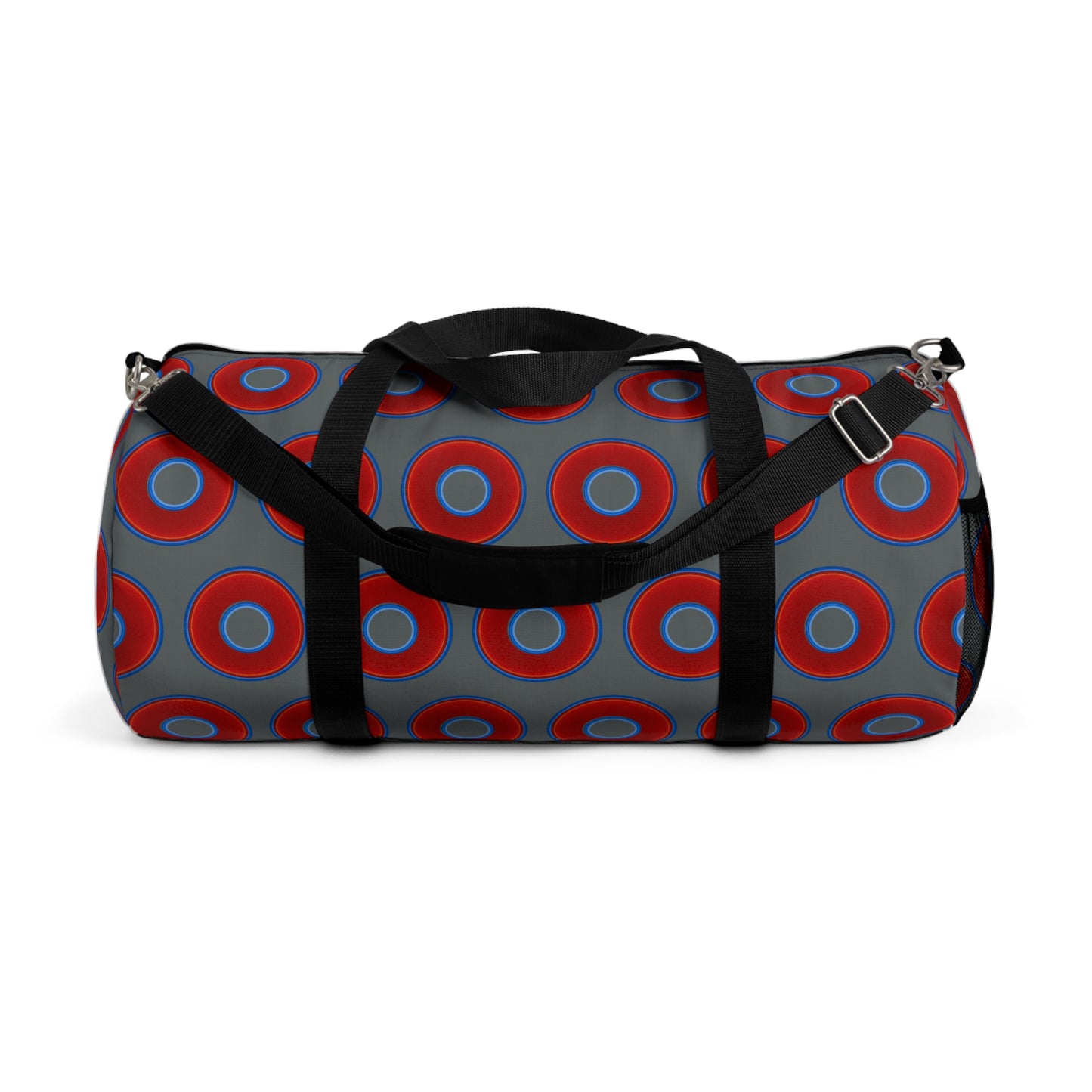 Lumpy Duffel - vivid red donuts w/dark gray background