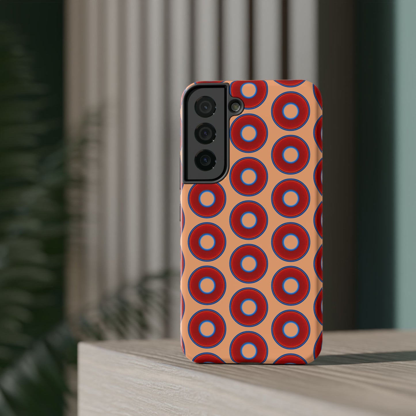 Impact-Resistant Lumpy Donut Case - red vivid donut print w/peach background