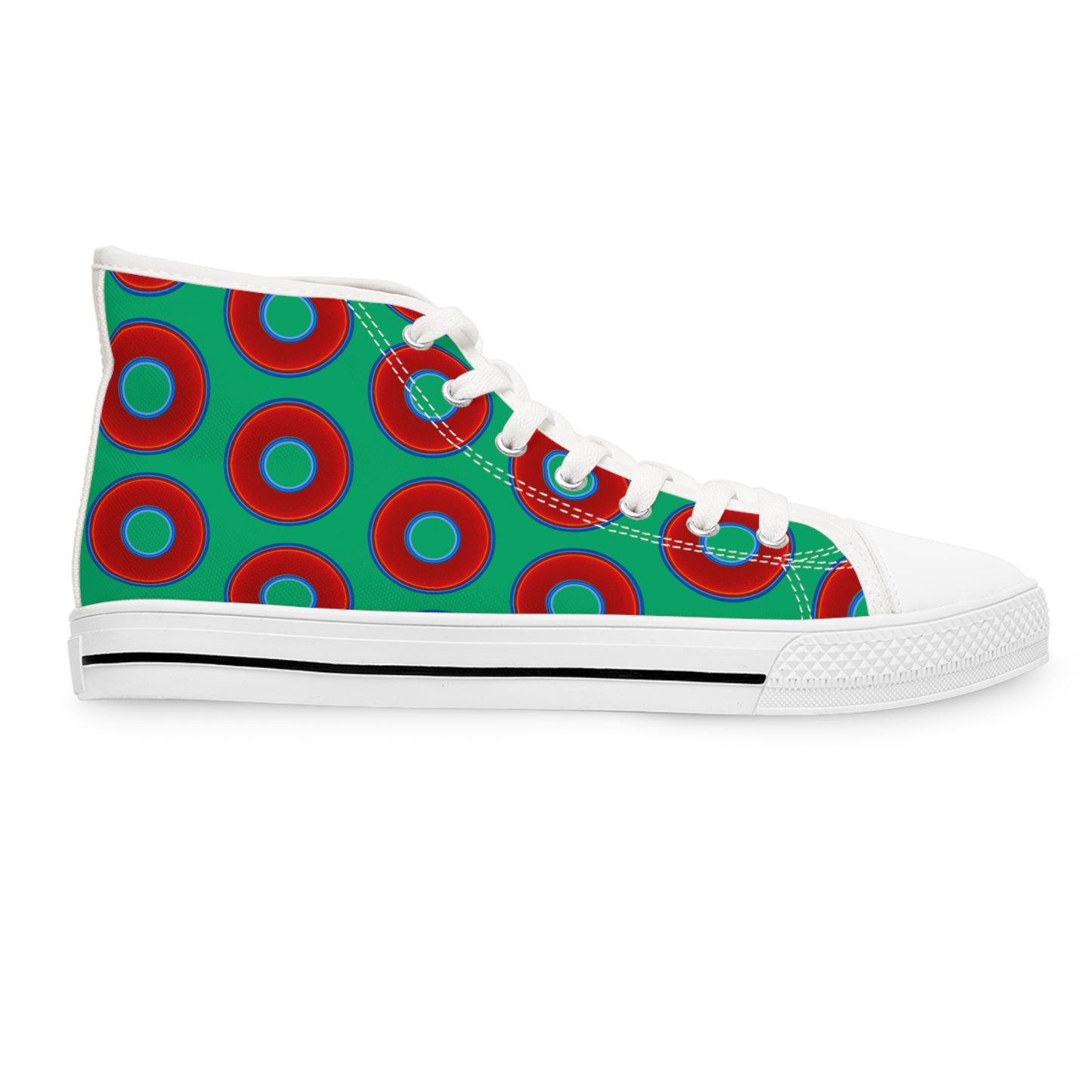 Women's High Top Chuck Taylors - large vivid red donut print w/jade green background