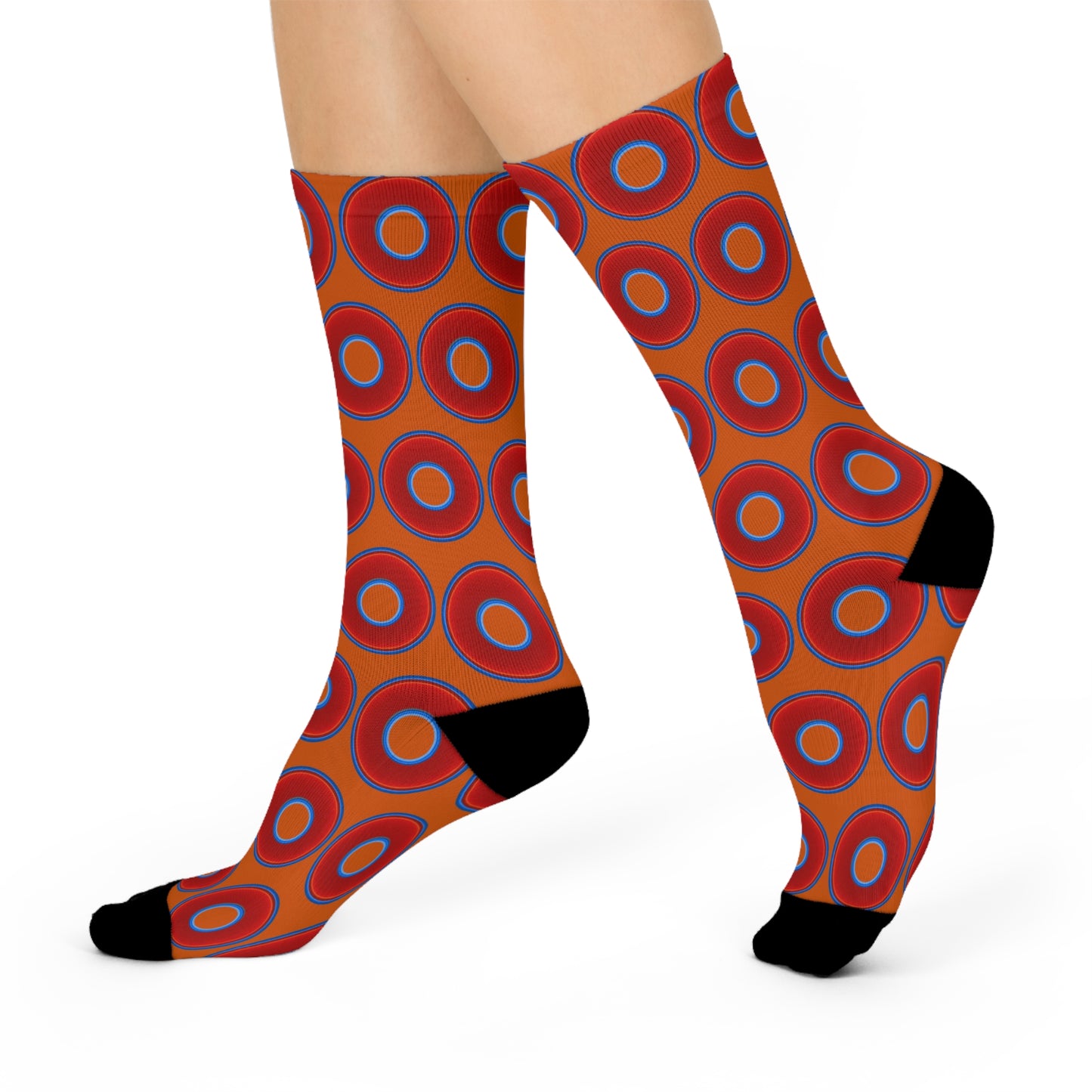 Lumpy Sox - cushioned crew - vivid red donut print w/dark orange background