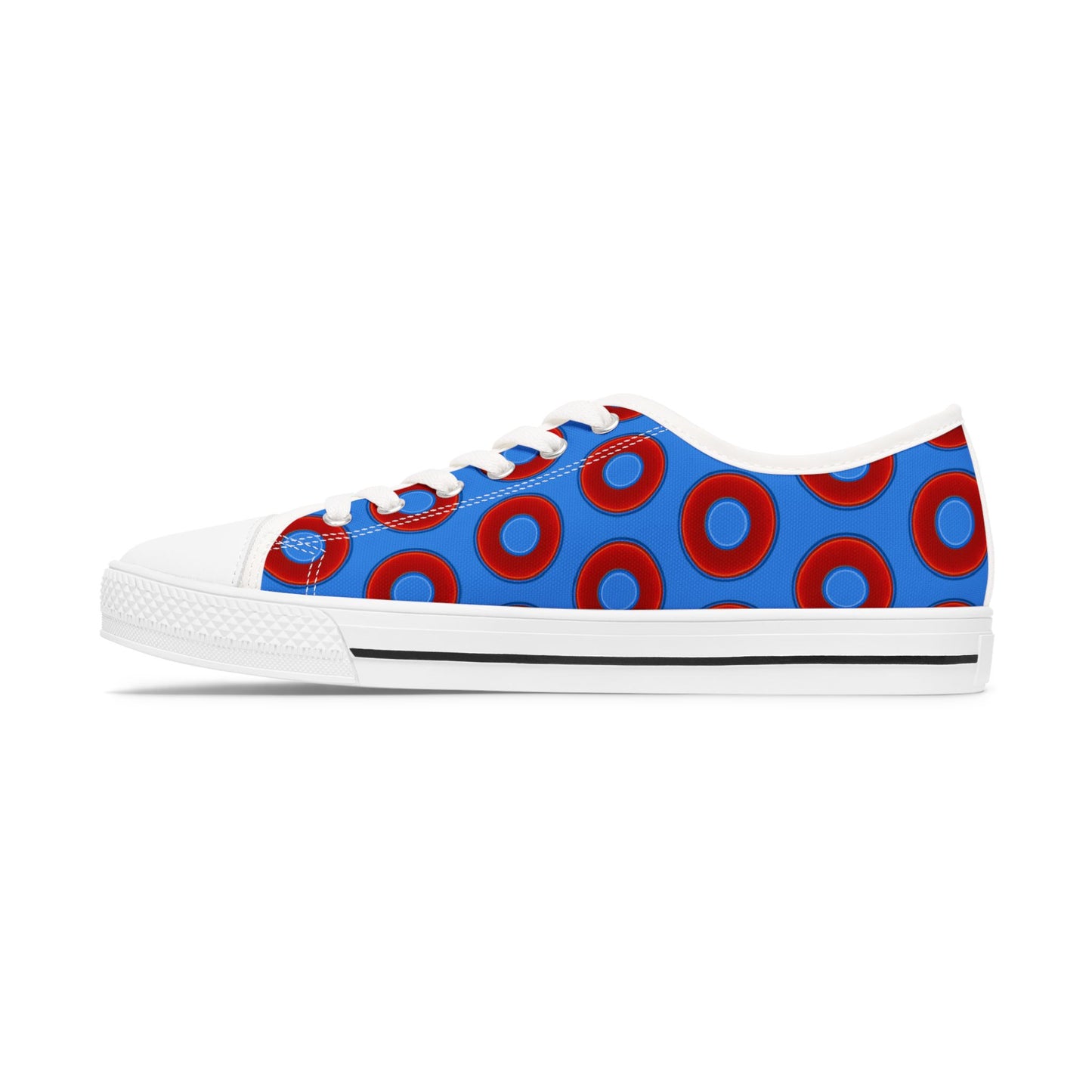 Women's - Low Top Chuck Taylors - large vivid red donut print w/light royal blue background