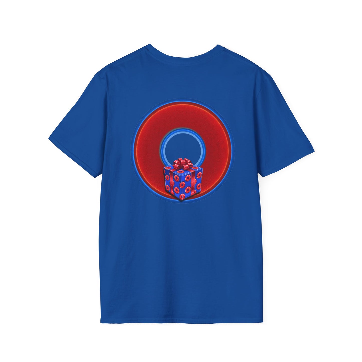 Classic Donut Tee - Unisex Soft-Style - "Phishmas Caroler's Tee " - vivid red/blue donut - variant 1