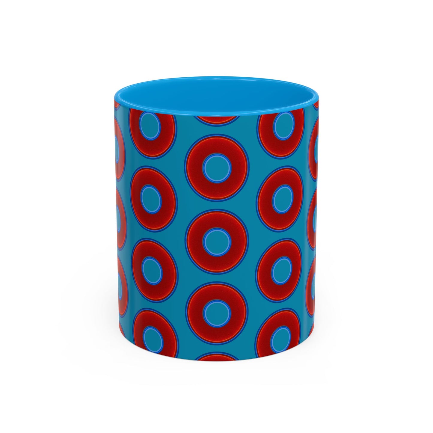 Lump's Grumpy Coffee Mug - vivid red donuts w/aquamarine blue background