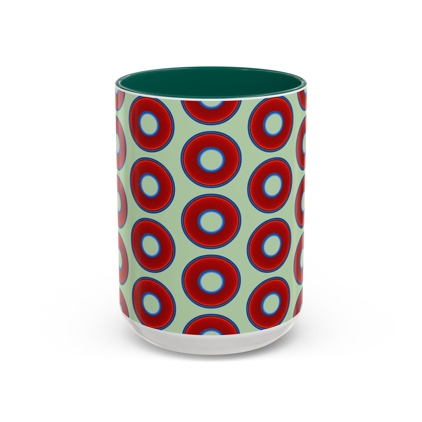 Lump's Grumpy Coffee Mug - vivid red donuts w/seafoam background