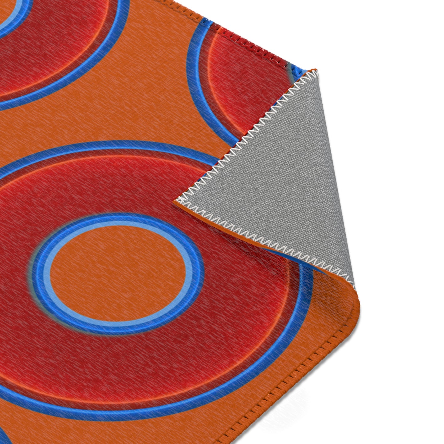 Lumpy Donut Print Rug - choice of 3 sizes - vivid red donut print w/dark orange background