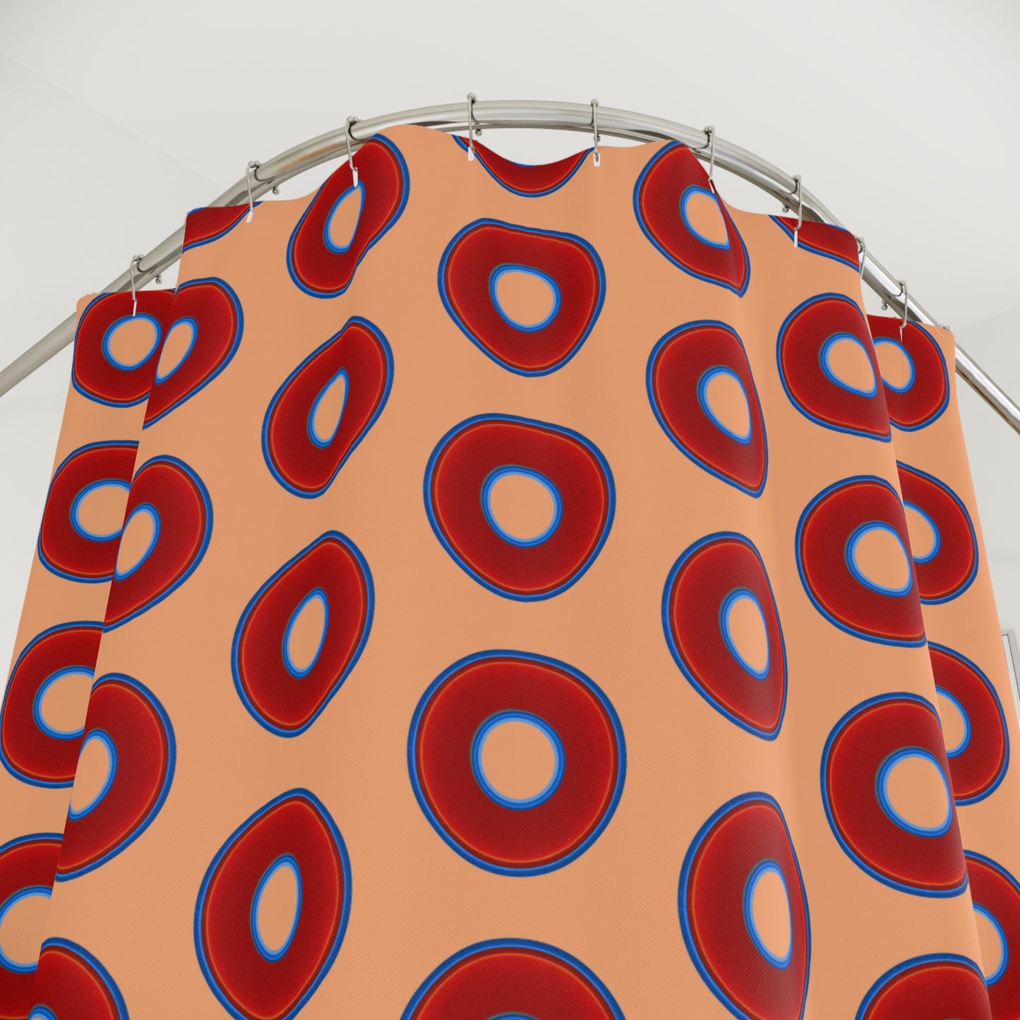 The Curtain With "Donuts" - Lumpy Bath Time Fun - vivid red donuts w/peach background