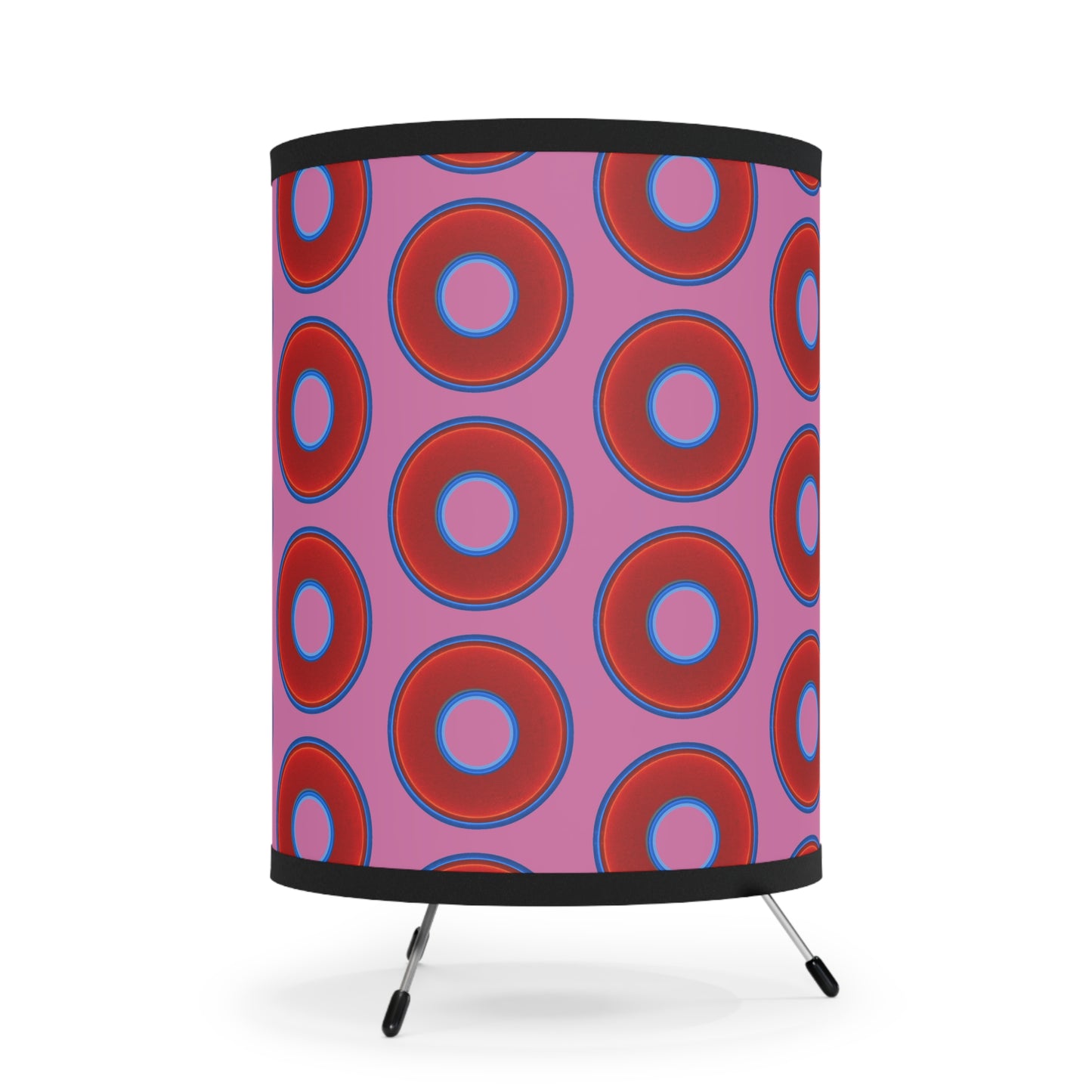 Lumpy Tripod Donut Lamp - vivid red donuts w/pink background