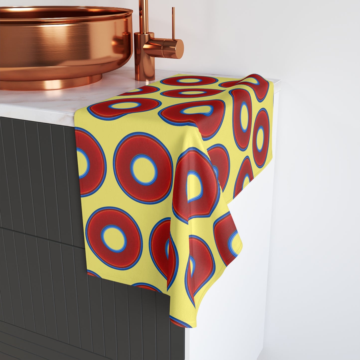 Lumpy Kitchen/Hand Towels - vivid red donuts w/yellow background