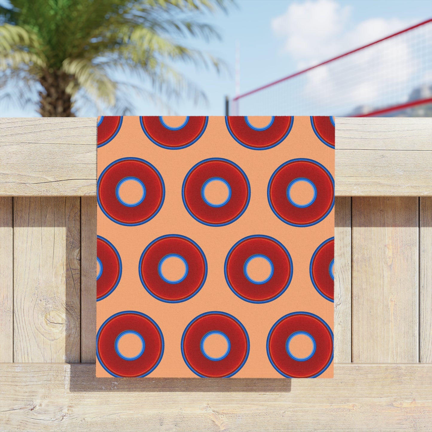 Lumpy Donut Towels - vivid red donuts w/peach background