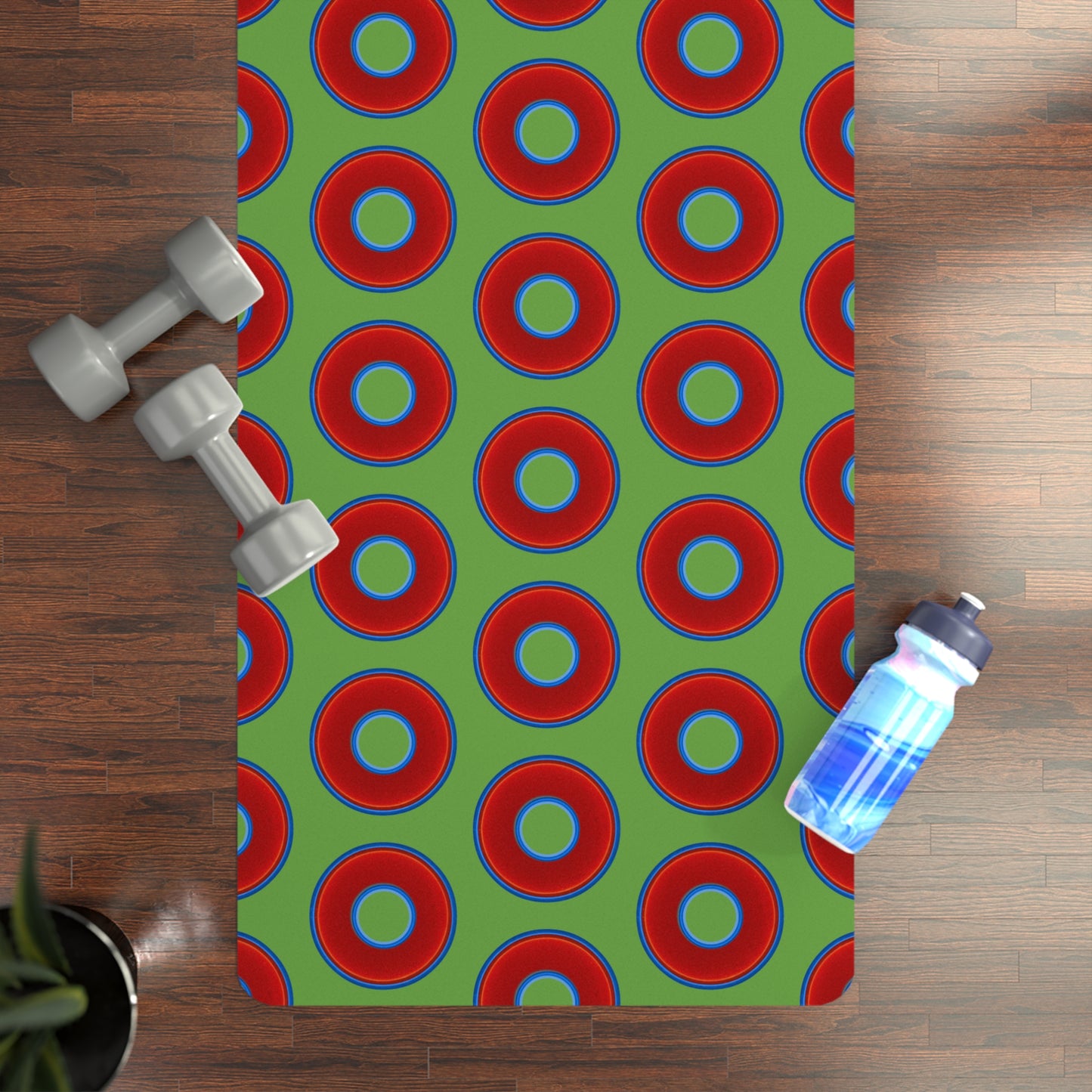 Lumpy Donut Yoga Mat :) - 24″ x 70" - vivid red donut print w/light green background