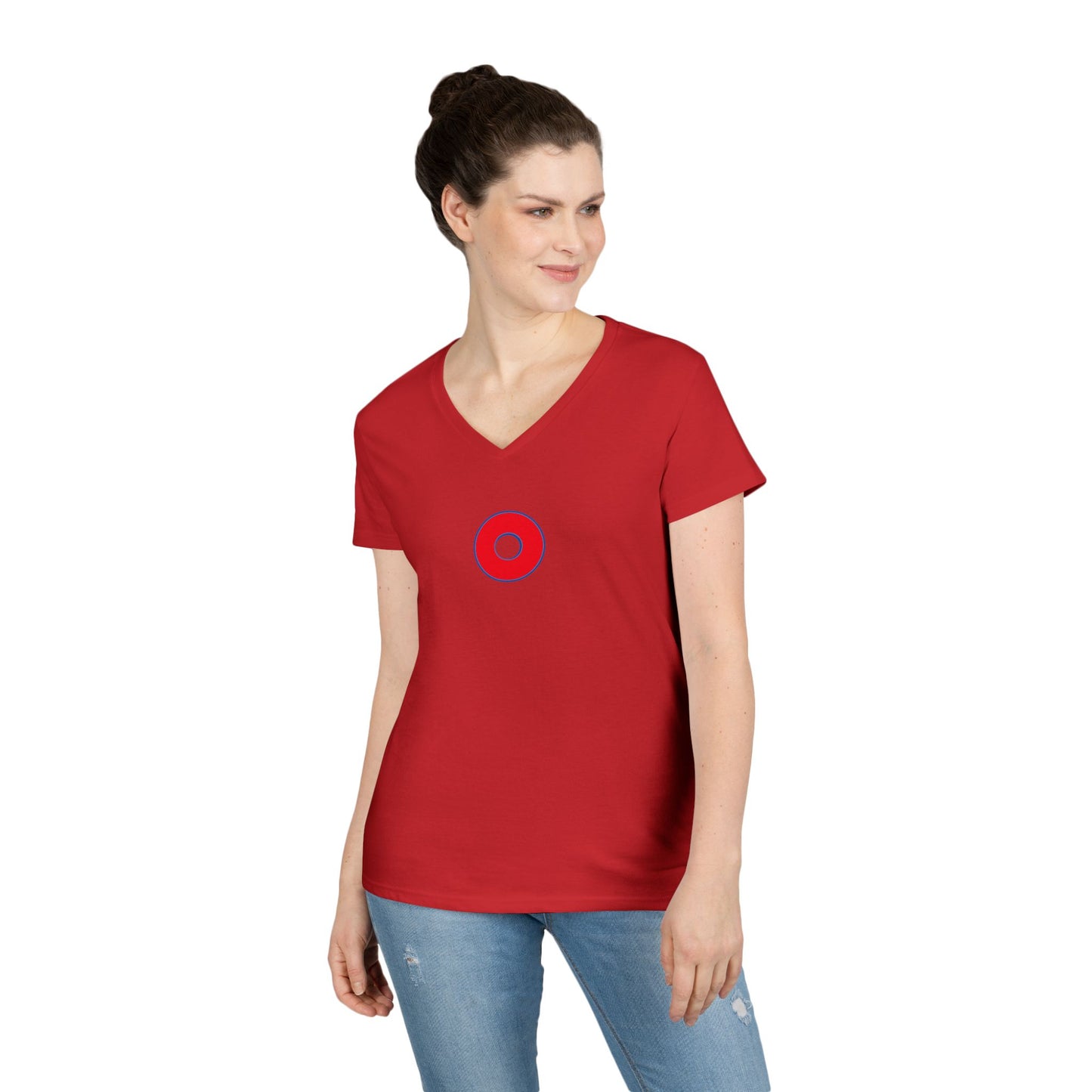 Women's Donut V-Neck Tee - "Red Philly Special" - plain red donuts w/blue outline