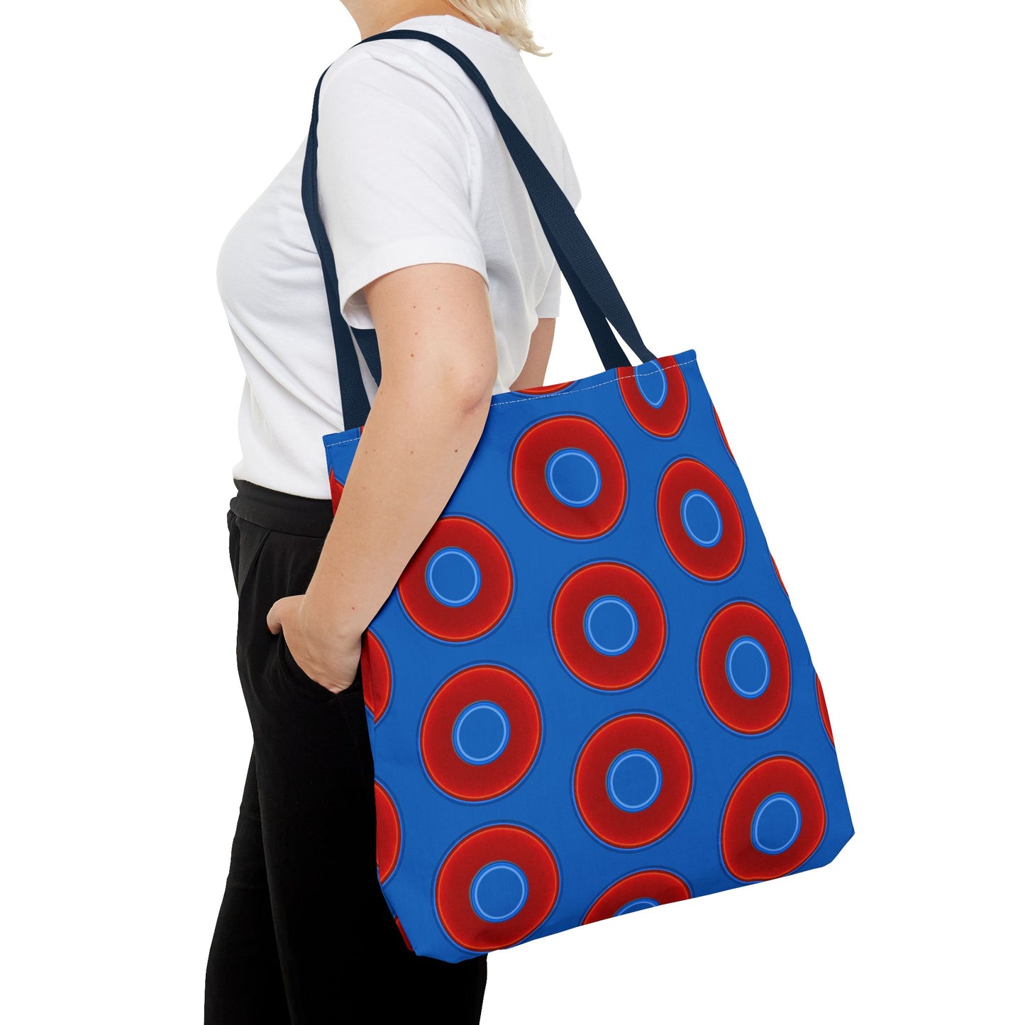 Lumpy Beach/Tote Bag - red vivid donuts w/dark royal blue background