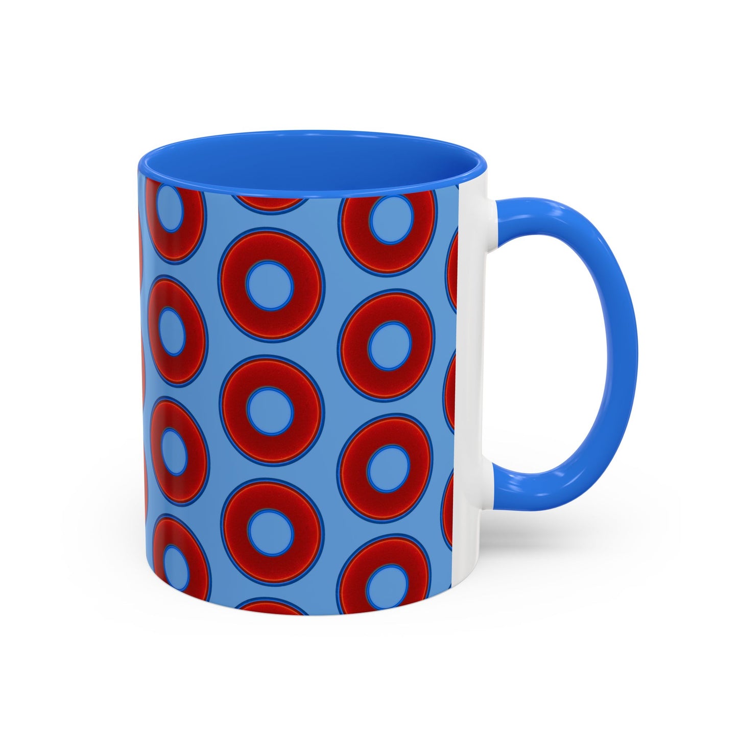 Lump's Grumpy Coffee Mug - vivid red donuts w/light blue background