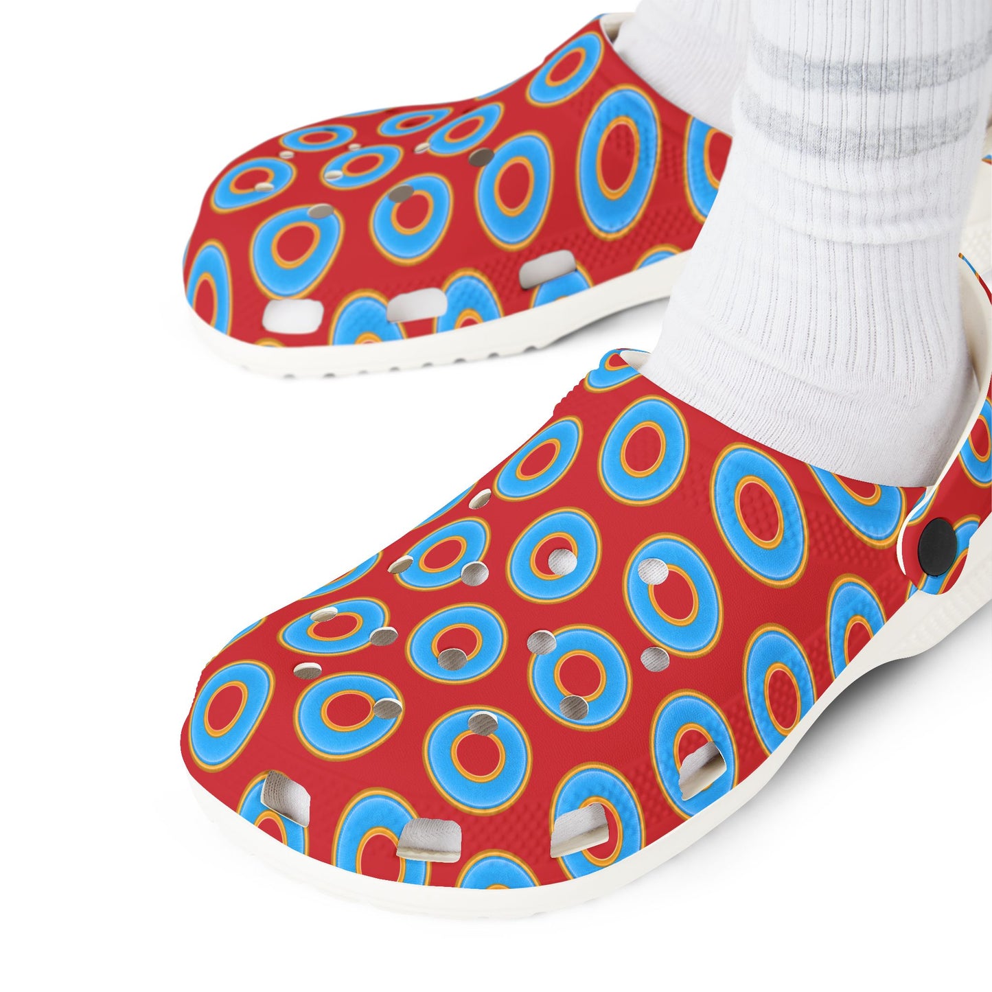 Spatchcocks - donut slip-on shoes - light blue rustic donuts w/red background [unisex]