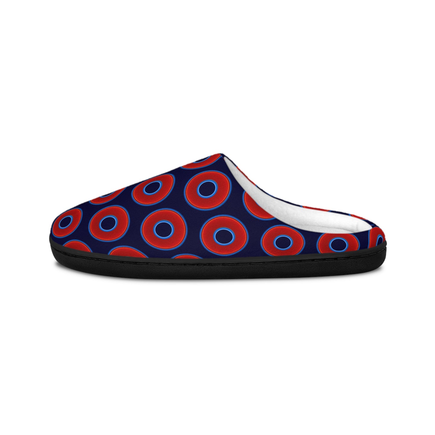 Women's Lumpy Slippers - red vivid donut print w/midnight blue background
