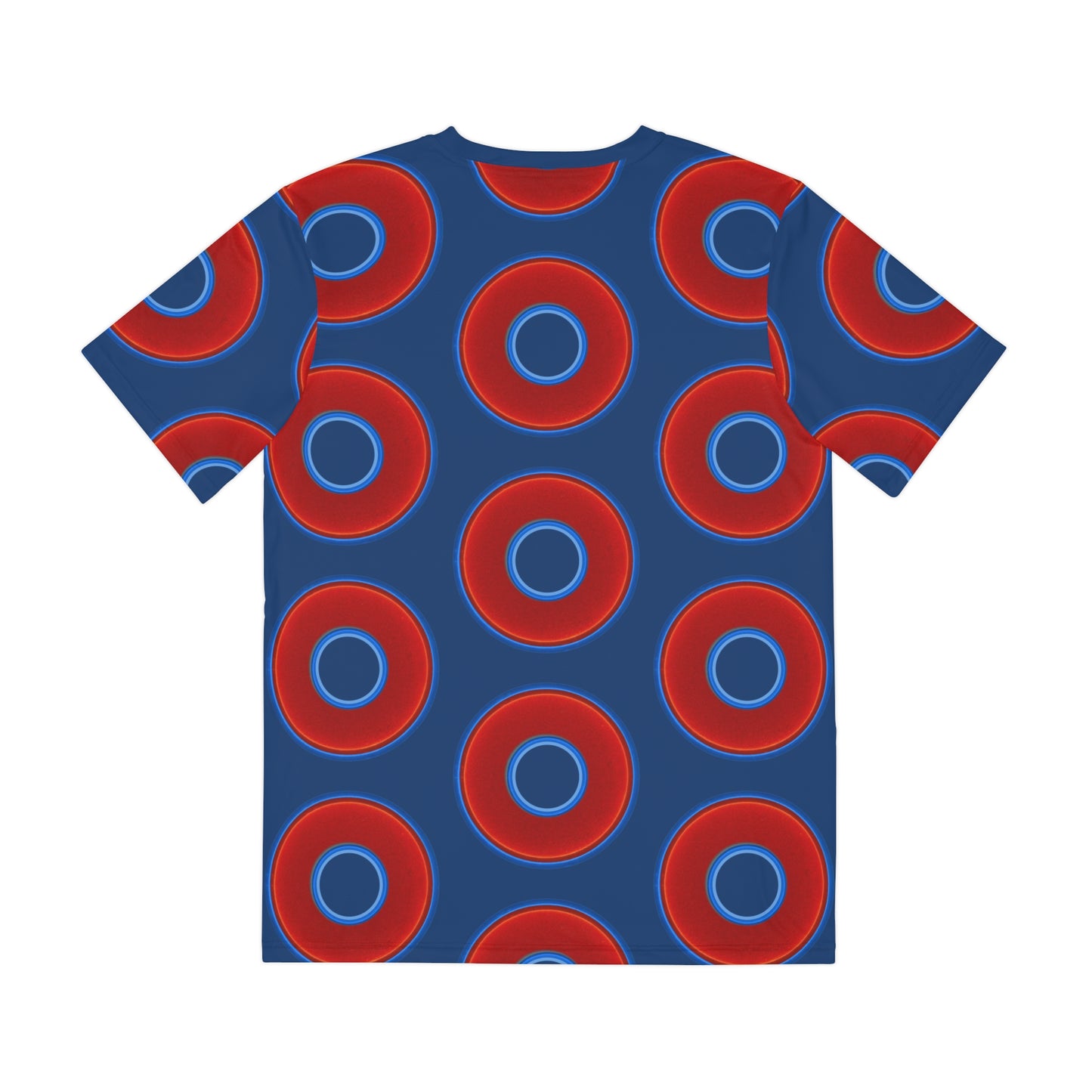 Multi-Beastie Giant Donut AOP Polyester Tee - red vivid donut print w/Atlantic navy blue background