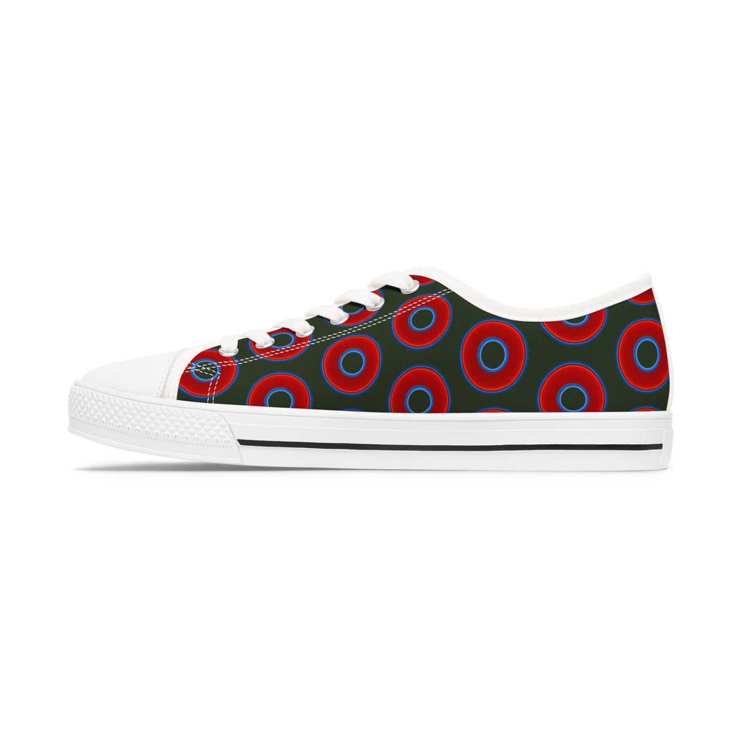 Women's - Low Top Chuck Taylors - large vivid red donut print w/deep forest green background