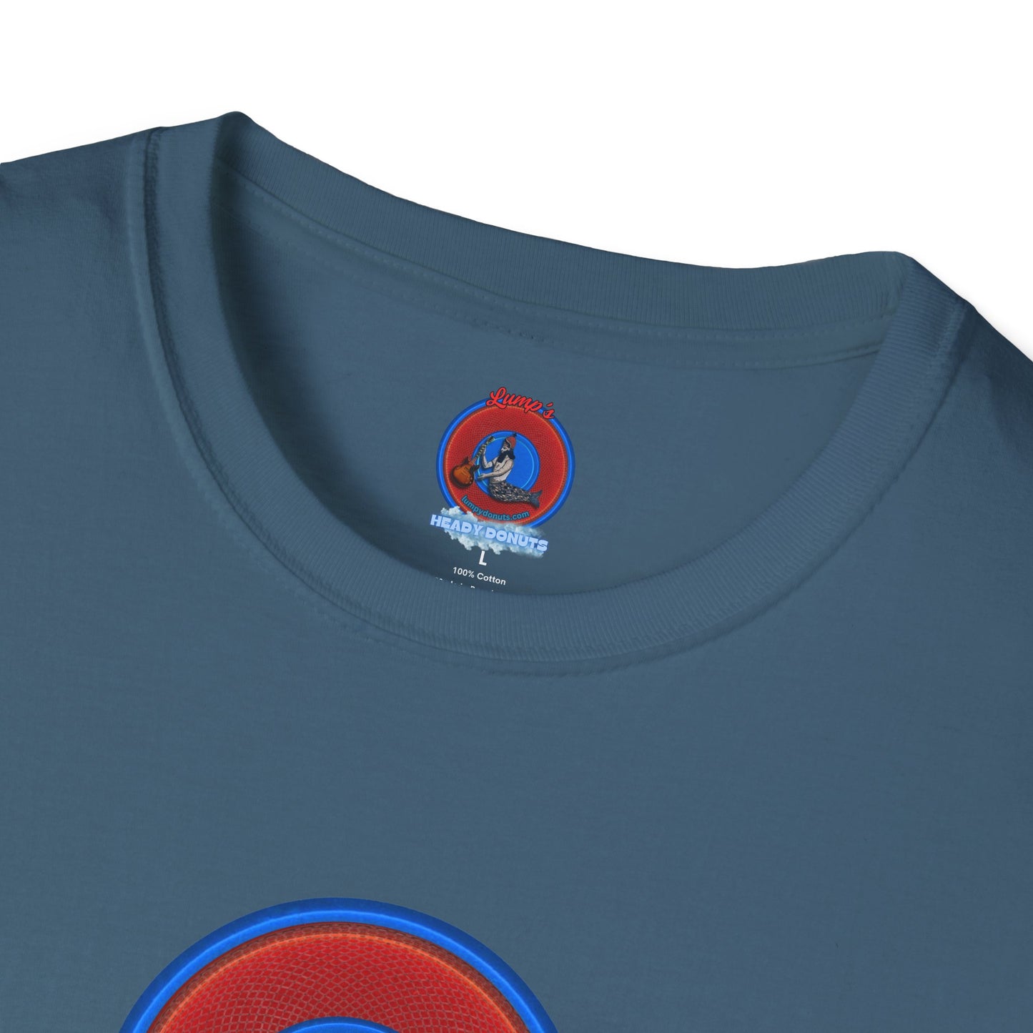 Classic Donut Tee - Unisex Soft-Style - "The Story of the Donut - a Ghostly Good Time" - red/blue rustic donut - variant 1