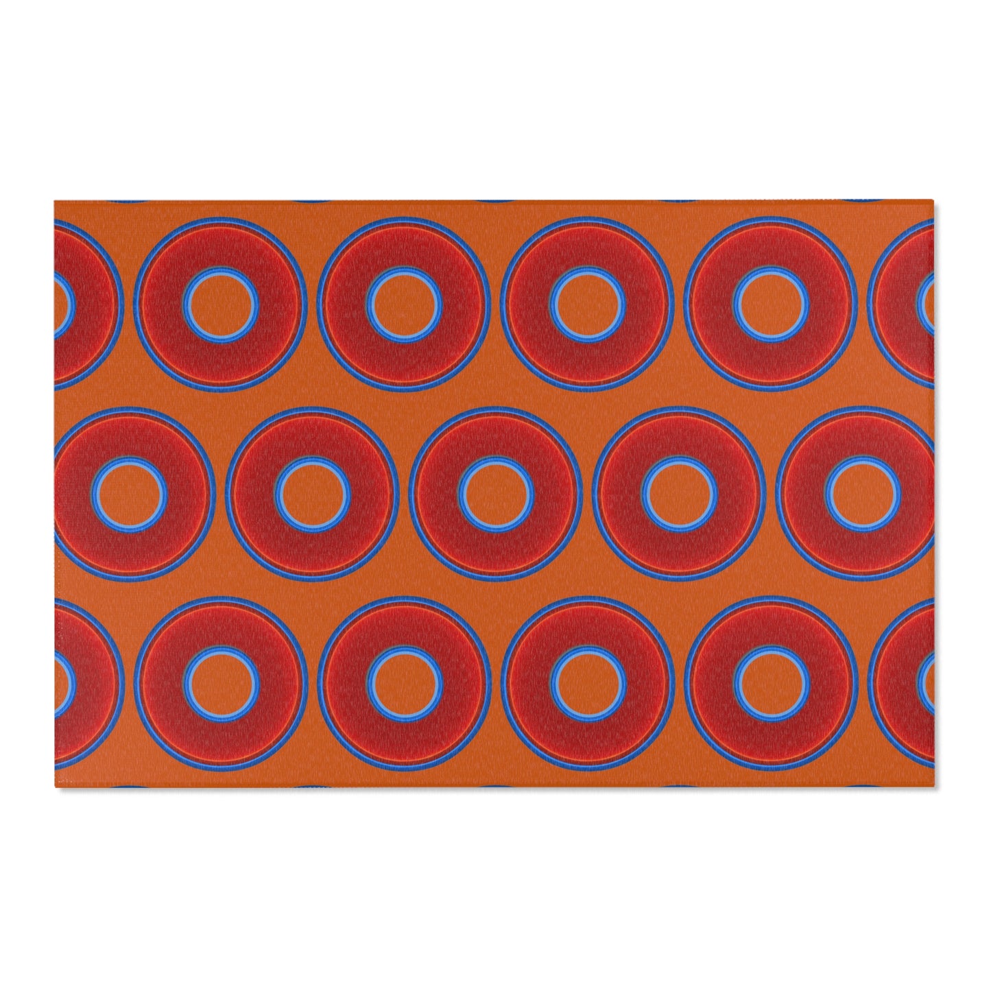 Lumpy Donut Print Rug - choice of 3 sizes - vivid red donut print w/dark orange background
