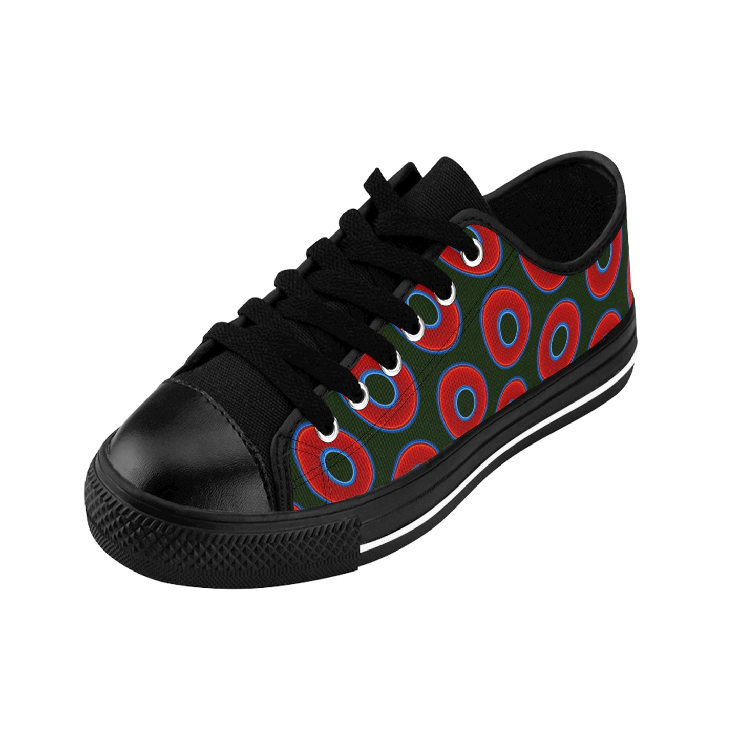 Men's Cushiony Convectors - Low Top - large red vivid donut print w/deep forest green background