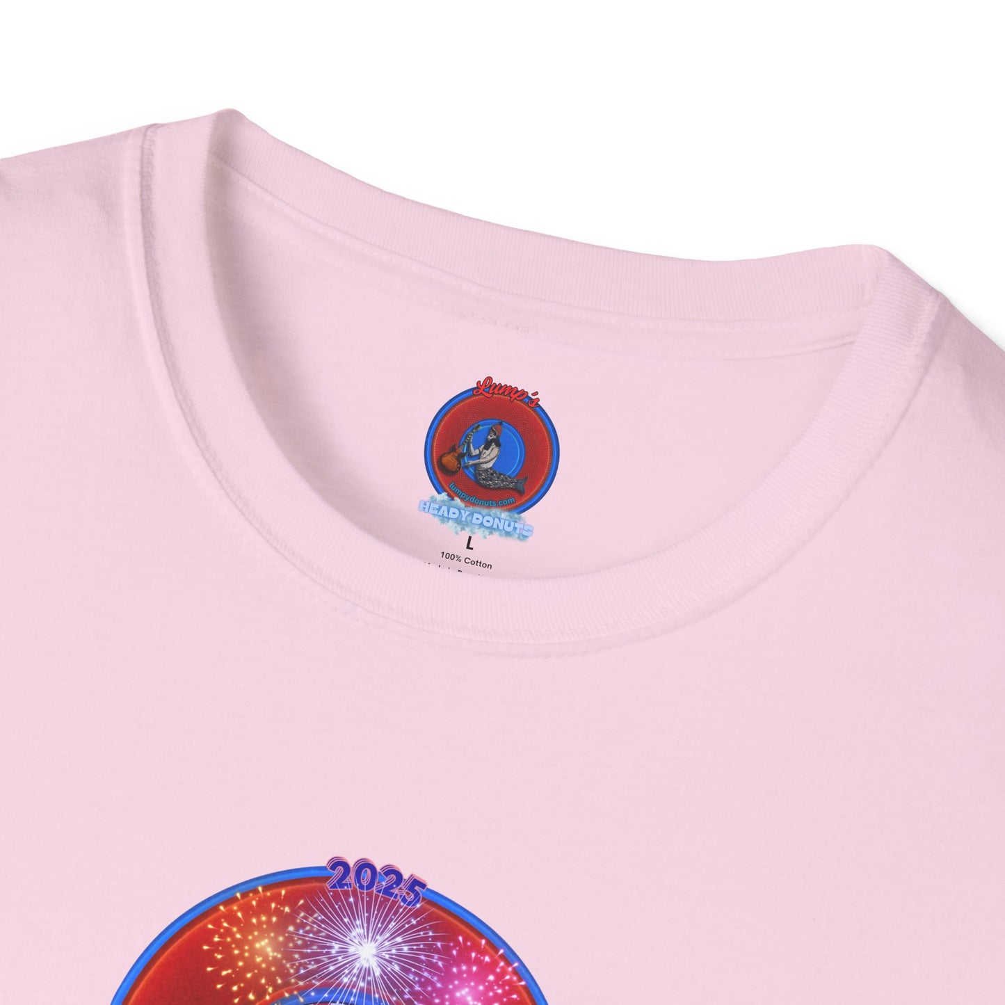 Classic Donut Tee - Unisex Soft-Style - "One Indivisible Donut" - vivid red phreedom donut - w/fireworks - variant 3