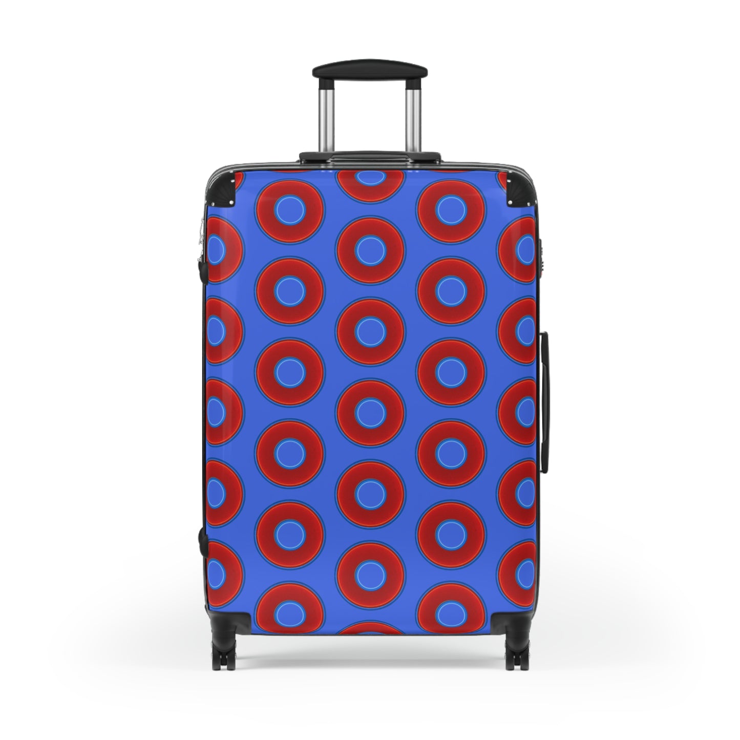 The Very Lumpy Donut Suitcase series - your choice of S, M or L - vivid red donut print w/royal blue background