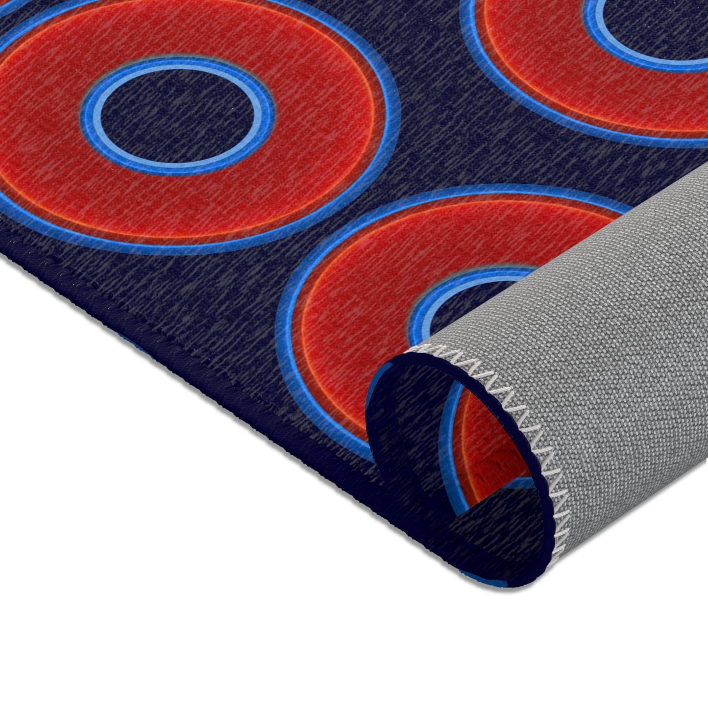 Lumpy Donut Print Rug - choice of 3 sizes - vivid red donut print w/midnight blue background
