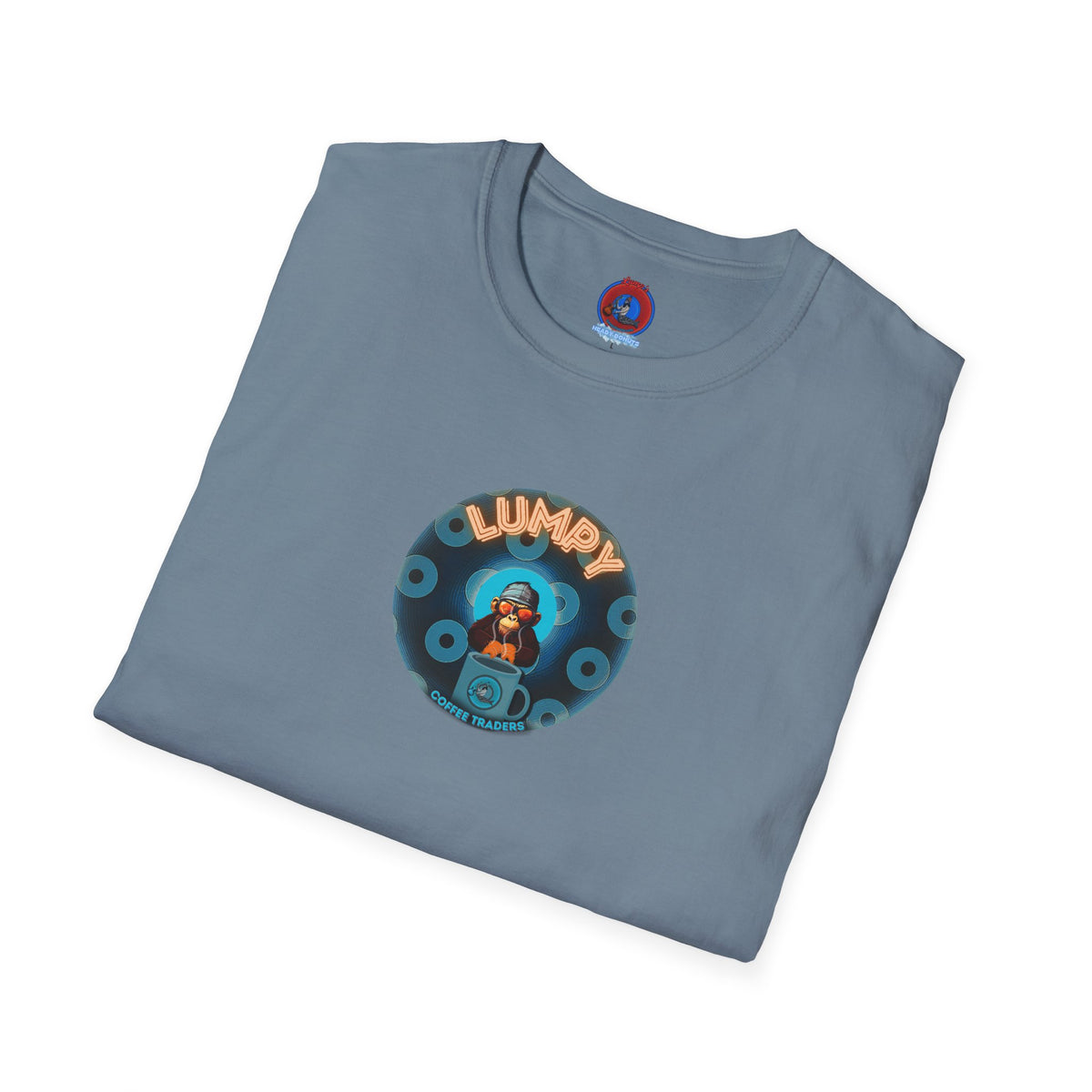 Coffee Traders Tee - Unisex Soft-Style - "Tasty Coffee" - paradoxical donut/cubed blue donut - variant 2 - logo front/It's Ice Cube's back