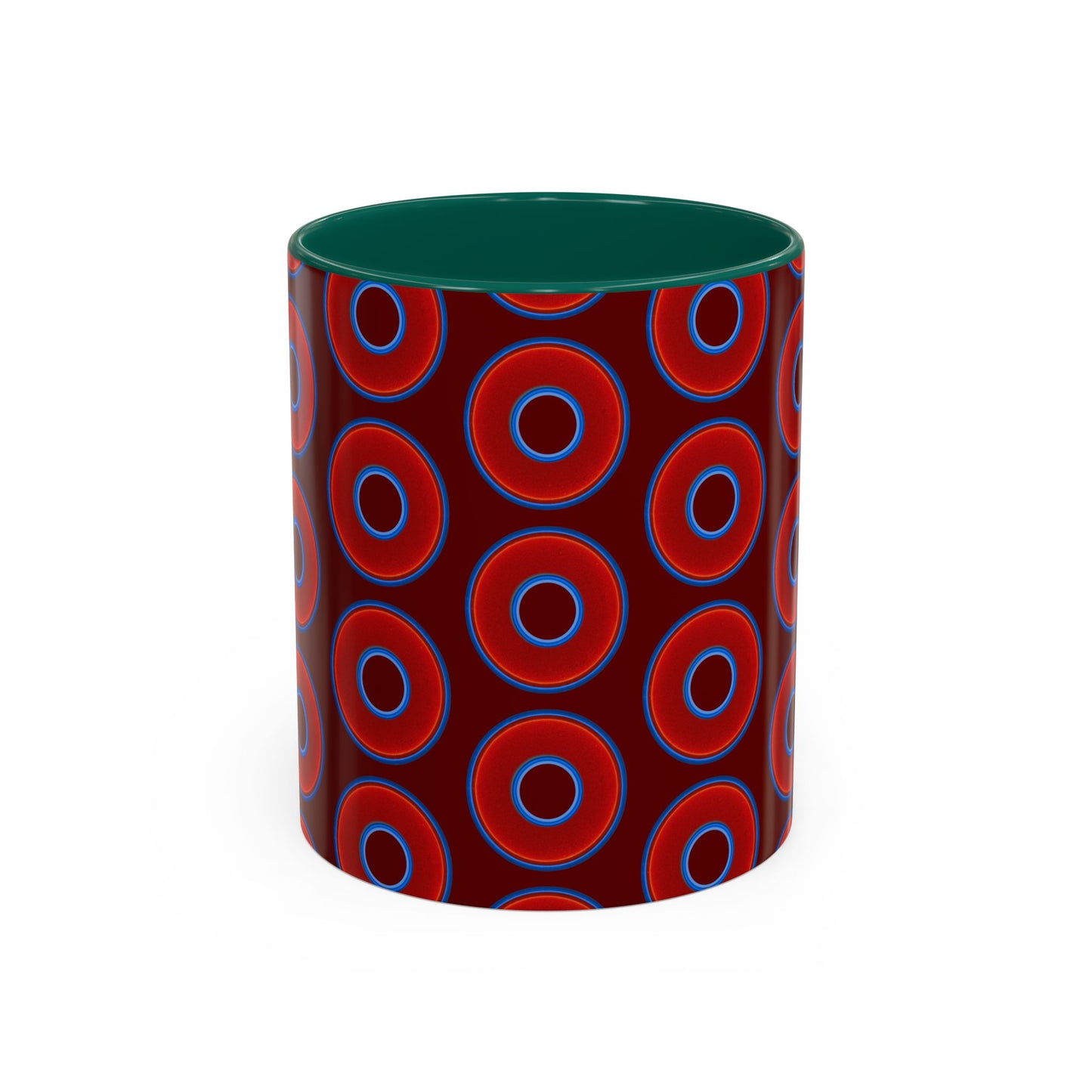 Lump's Grumpy Coffee Mug - vivid red donuts w/dark red background