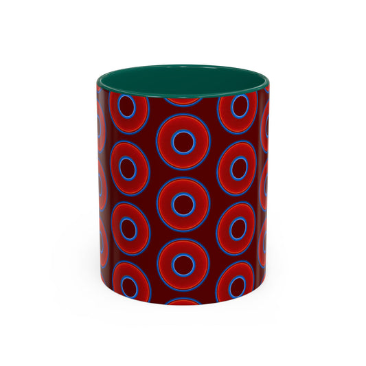 Lump's Grumpy Coffee Mug - vivid red donuts w/dark red background