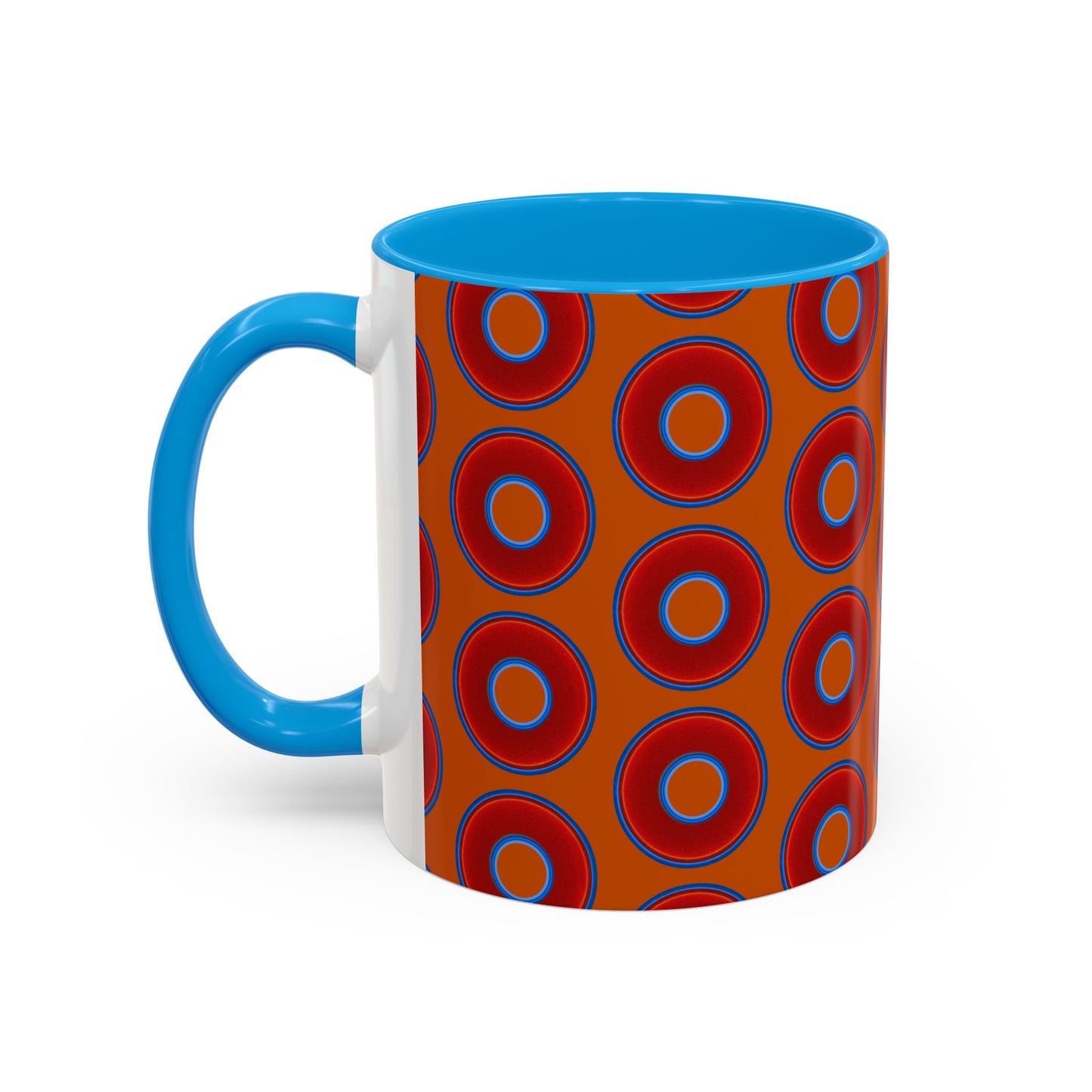 Lump's Grumpy Coffee Mug - vivid red donuts w/dark orange background