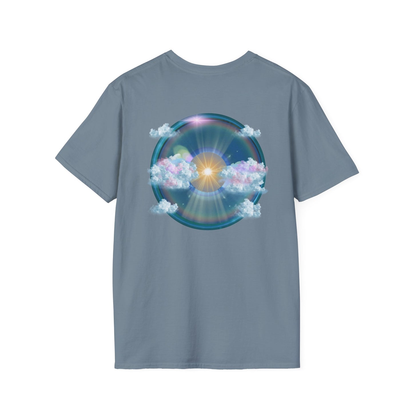 Classic Donut Tee - Unisex Soft-Style - "The Divided Donut" - variant 2 - blue donut  w/hole & sun [*50% to The Divided Sky Foundation]